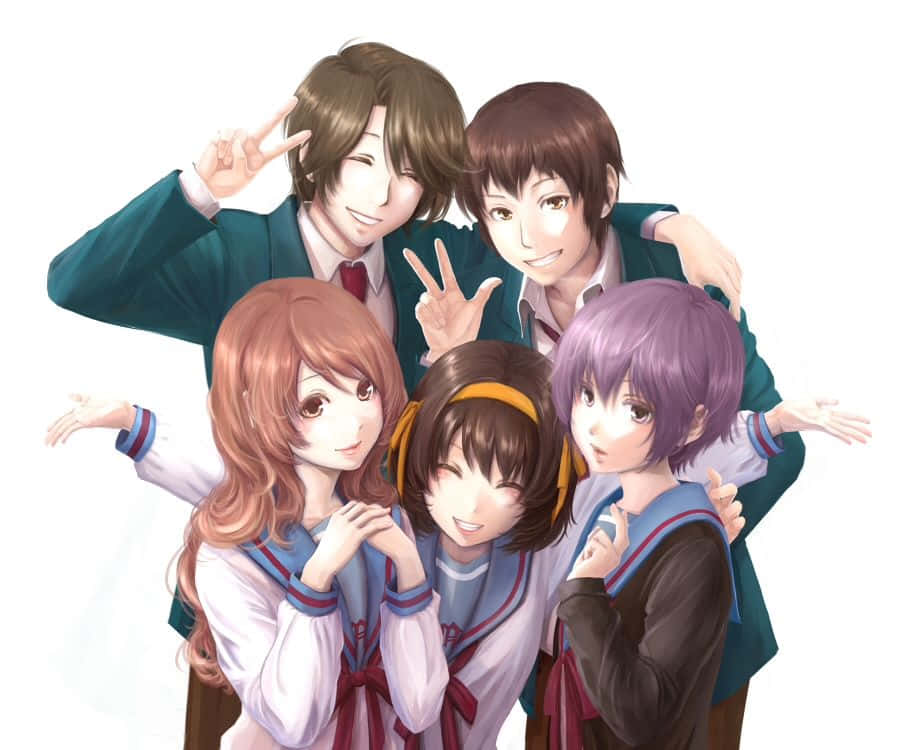 Kyon 桌布 壁紙 — 五名動漫學生穿著校服，在純白背景前愉快地擺出和平手勢和溫暖笑容。