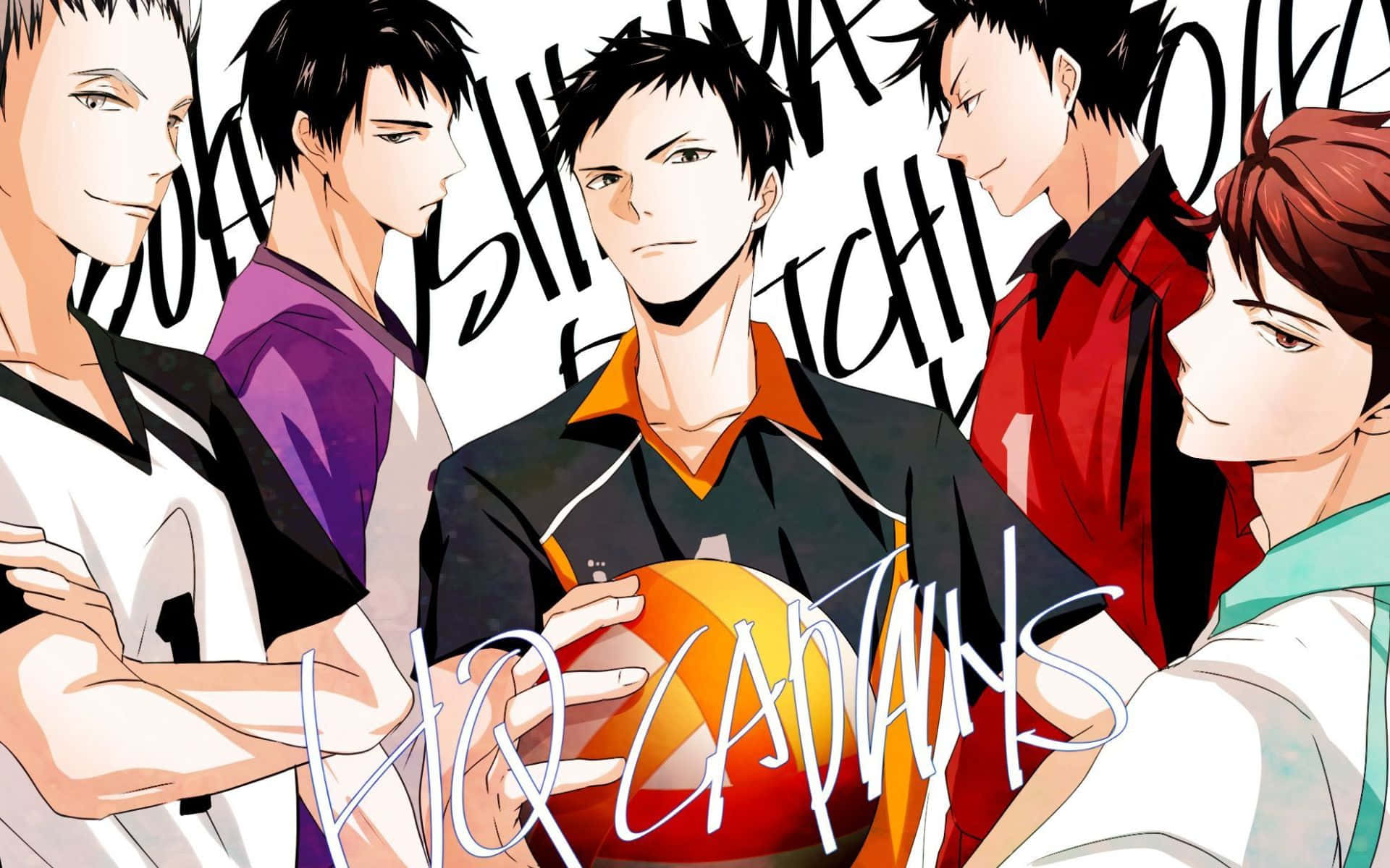 Ushijima Wakatoshi 桌布 壁紙 — 五名動漫排球運動員穿著隊服，自信地在球周圍擺姿勢，並帶有粗體風格文字。