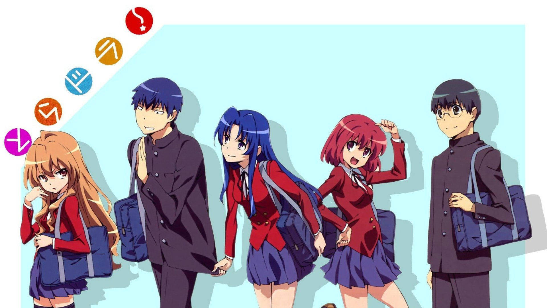 Toradora 桌布 壁紙 — 五名動畫學生穿著校服，背著背包，在淺藍色背景上擺姿勢，背景上有彩色圓形圖標。