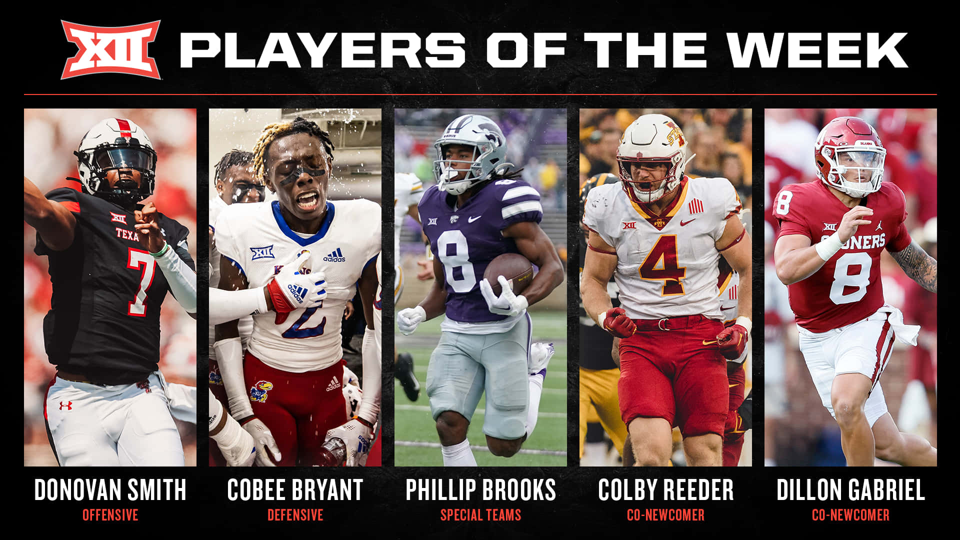 Athlete 桌布 壁紙 — 五名大學美式足球員在粗體「XII PLAYERS OF THE WEEK」文字下穿著隊服擺出動作姿勢。