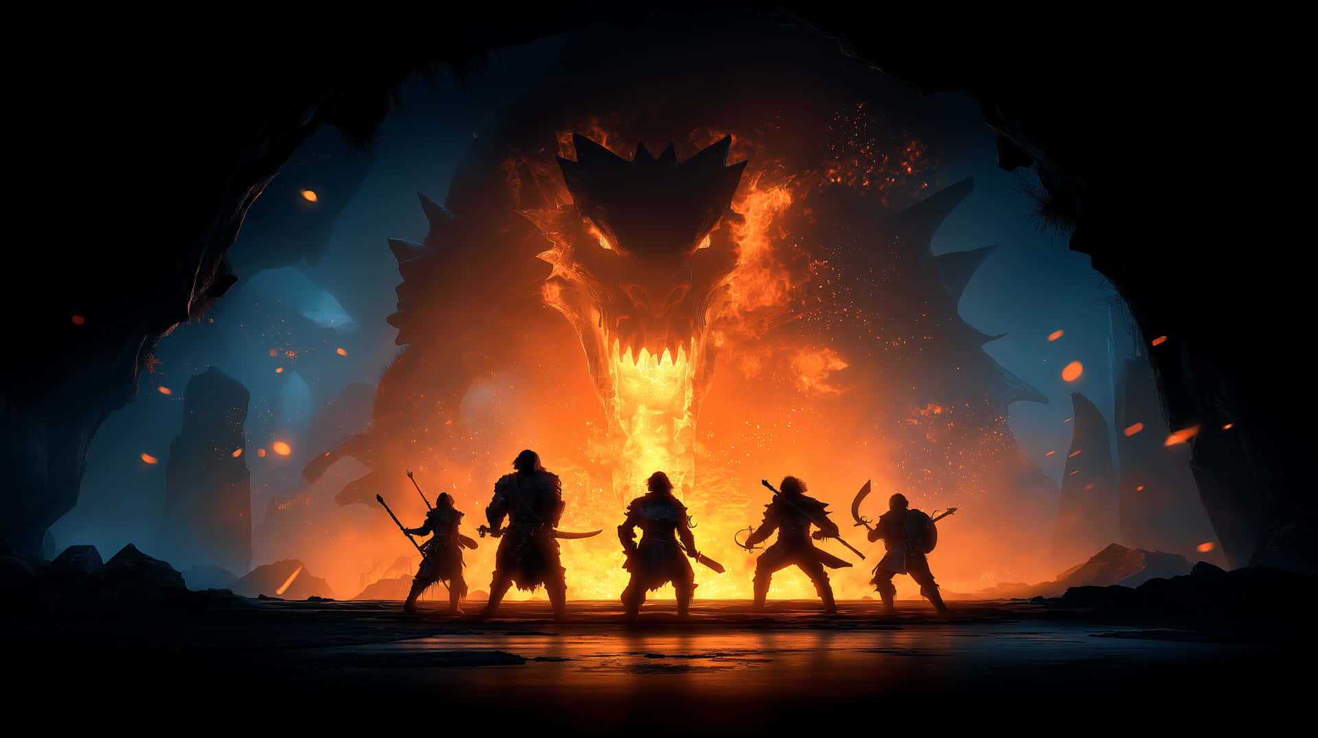 Heroic Adventurers Confronting Fire-Breathing Cave Dragon 壁紙 — 五名戰士以剪影站立，面對從洞穴般的口中出現的巨大火焰龍。