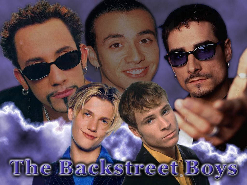 Backstreet 桌布 壁紙 — 五名戴太陽眼鏡、髮型時尚的年輕男子在紫色閃電背景前擺姿勢，並帶有樂隊名稱文字。
