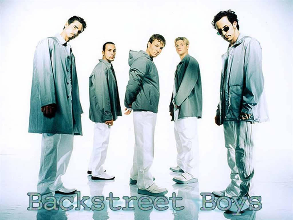 Backstreet 桌布 壁紙 — 五名男子身穿相配的灰色外套和白色長褲，在明亮的白色反光地板上自信地擺姿勢，下方顯示他們的名字。