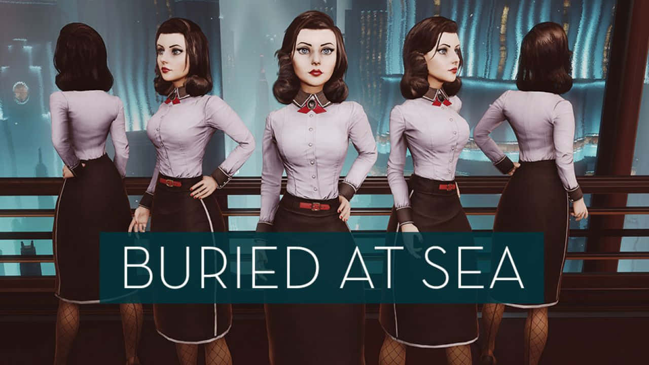 Bioshock Characters 桌布 壁紙 — 五名相同復古風格、穿著配套制服的女人在夜間排成一排站在船甲板上，背景是城市燈光。