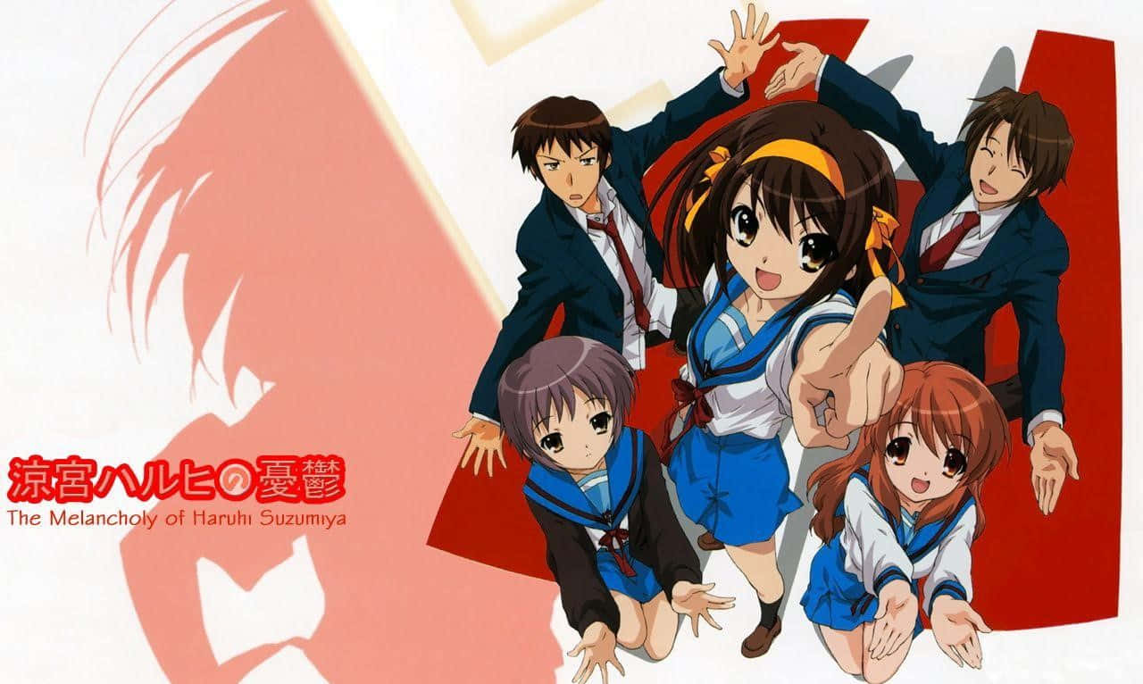 The Melancholy Of Haruhi Suzumiya 桌布 壁紙 — 五名穿著校服的動漫學生在一個大膽的紅白背景前充滿活力地擺姿勢，背景上有一個大型風格化面孔剪影。