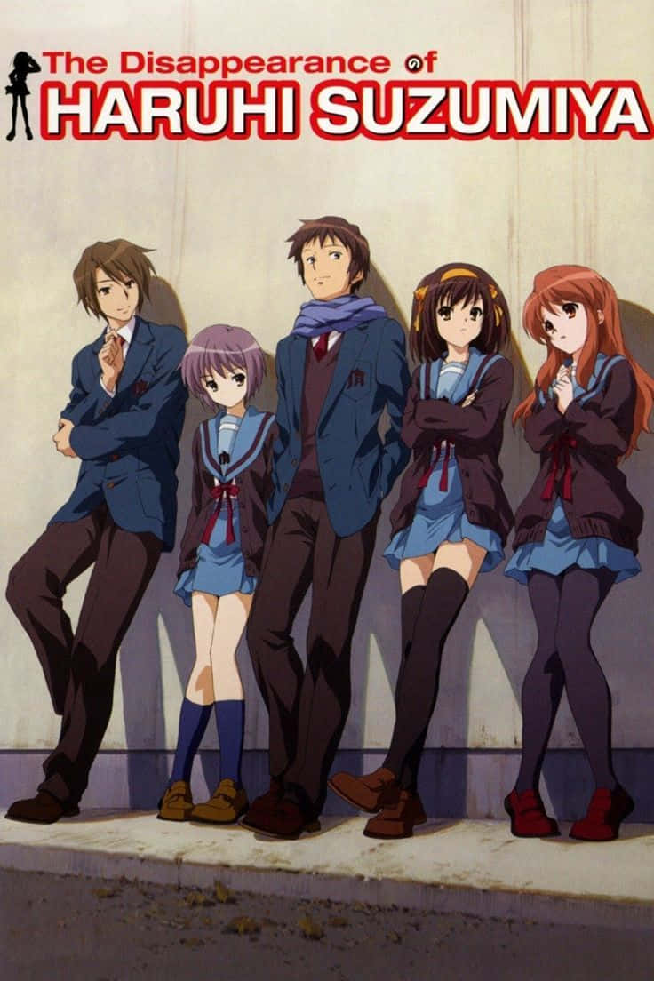 Itsuki Koizumi 桌布 壁紙 — 五名穿著校服的動漫學生在溫暖燈光下靠著素牆，上方有標題文字。