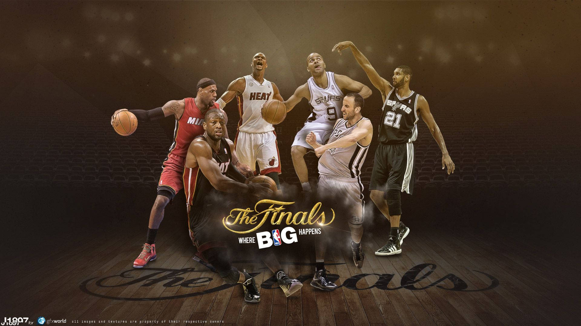 NBA 桌布 壁紙 — 五名籃球運動員在木質球場上擺出動作姿勢，帶有戲劇性燈光和煙霧效果。