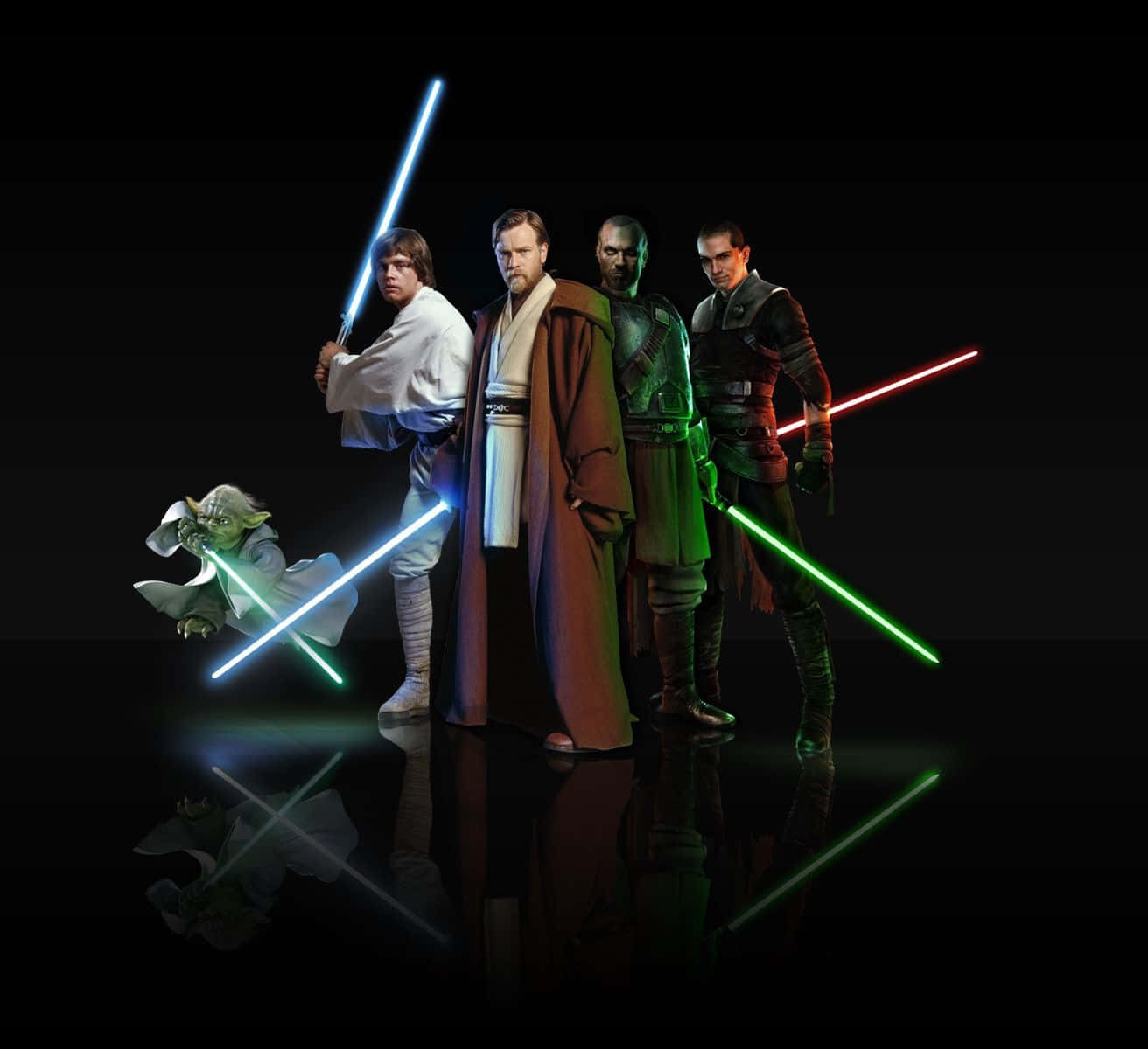 Star Wars Characters 桌布 壁紙 — 五名絕地武士和一個綠色小外星人站在深色反光地板上，手持發光的藍色和綠色光劍。