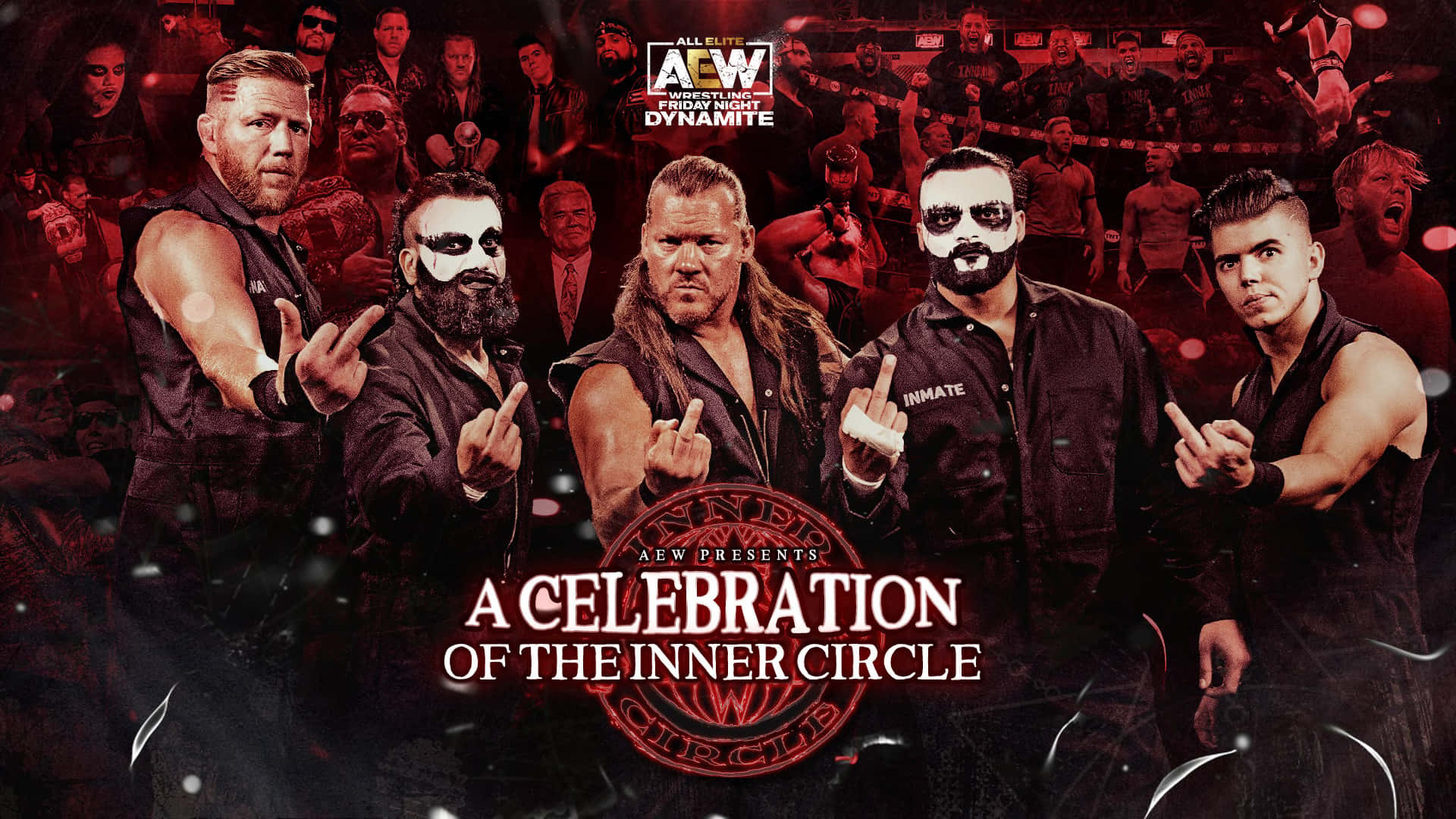 Aew 桌布 壁紙 — 五名肌肉發達的摔角手身穿黑色服裝和臉部彩繪，在紅色調的競技場背景下豎起中指挑釁地擺姿勢。