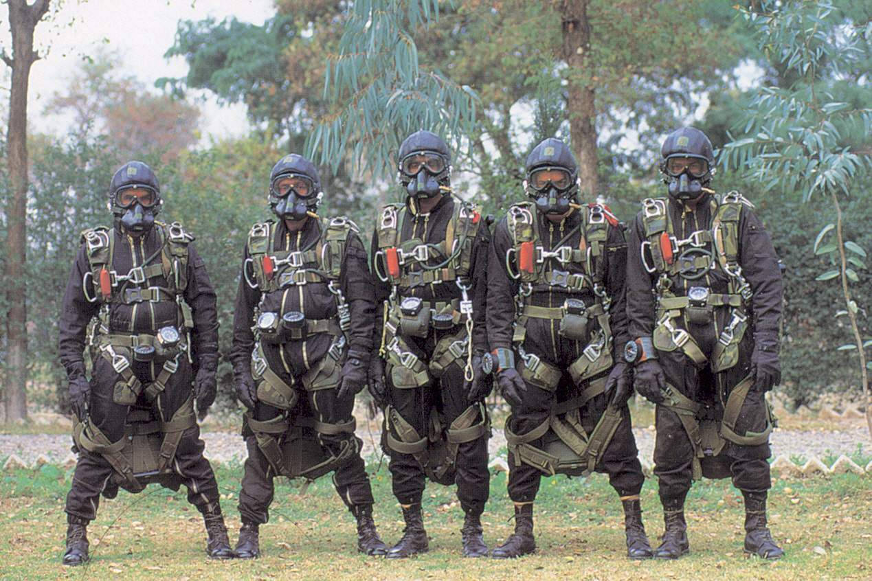 印度軍隊 桌布 壁紙 — 五名身穿全套戰鬥裝備和防毒面具的士兵在草地上排成隊形，身後有樹木。