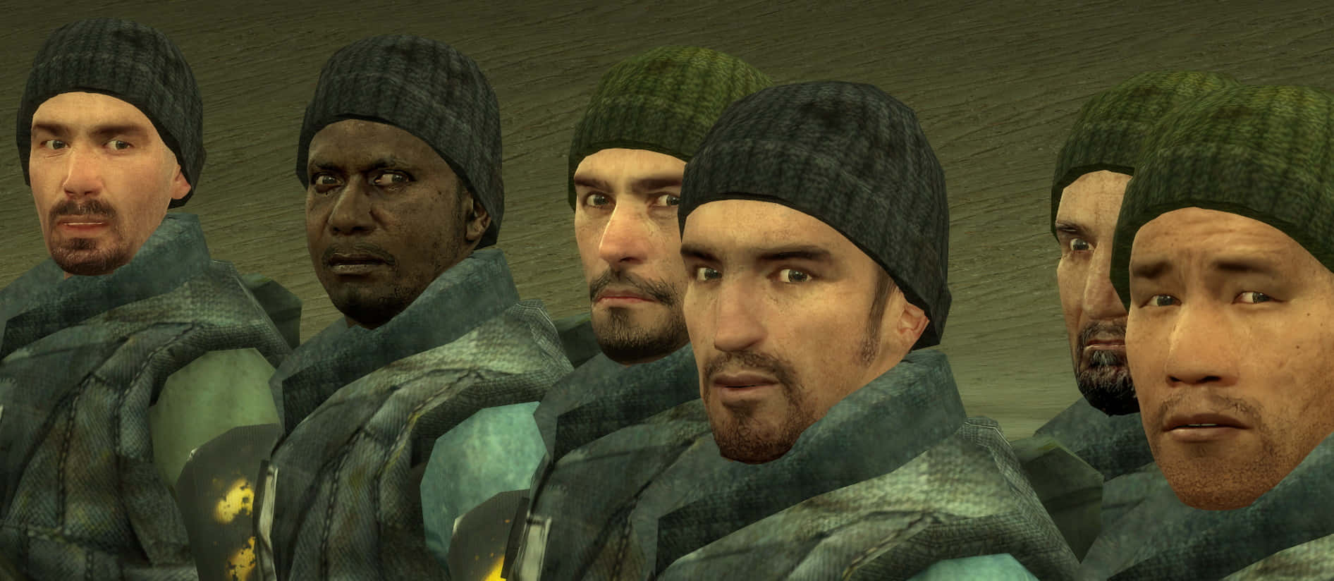 Half-life Characters 桌布 壁紙 — 五名身穿冬季裝備和針織帽的不同士兵，在粗糙、柔和的綠色戰場場景中專注地向前凝視。