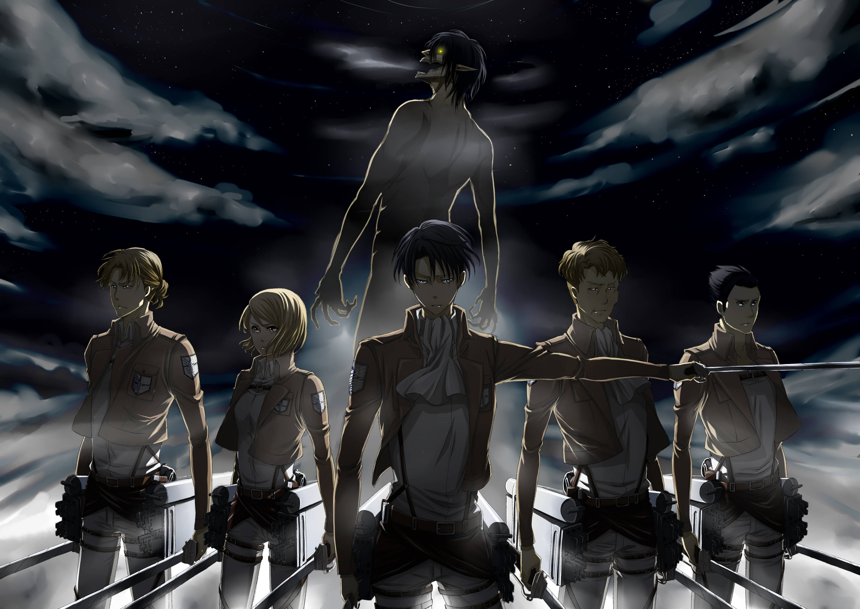 Levi 桌布 壁紙 — 五名身穿制服、意志堅定的士兵站在欄杆上，面對著一個在星空夜空背景下、眼睛發光的巨大巨人。