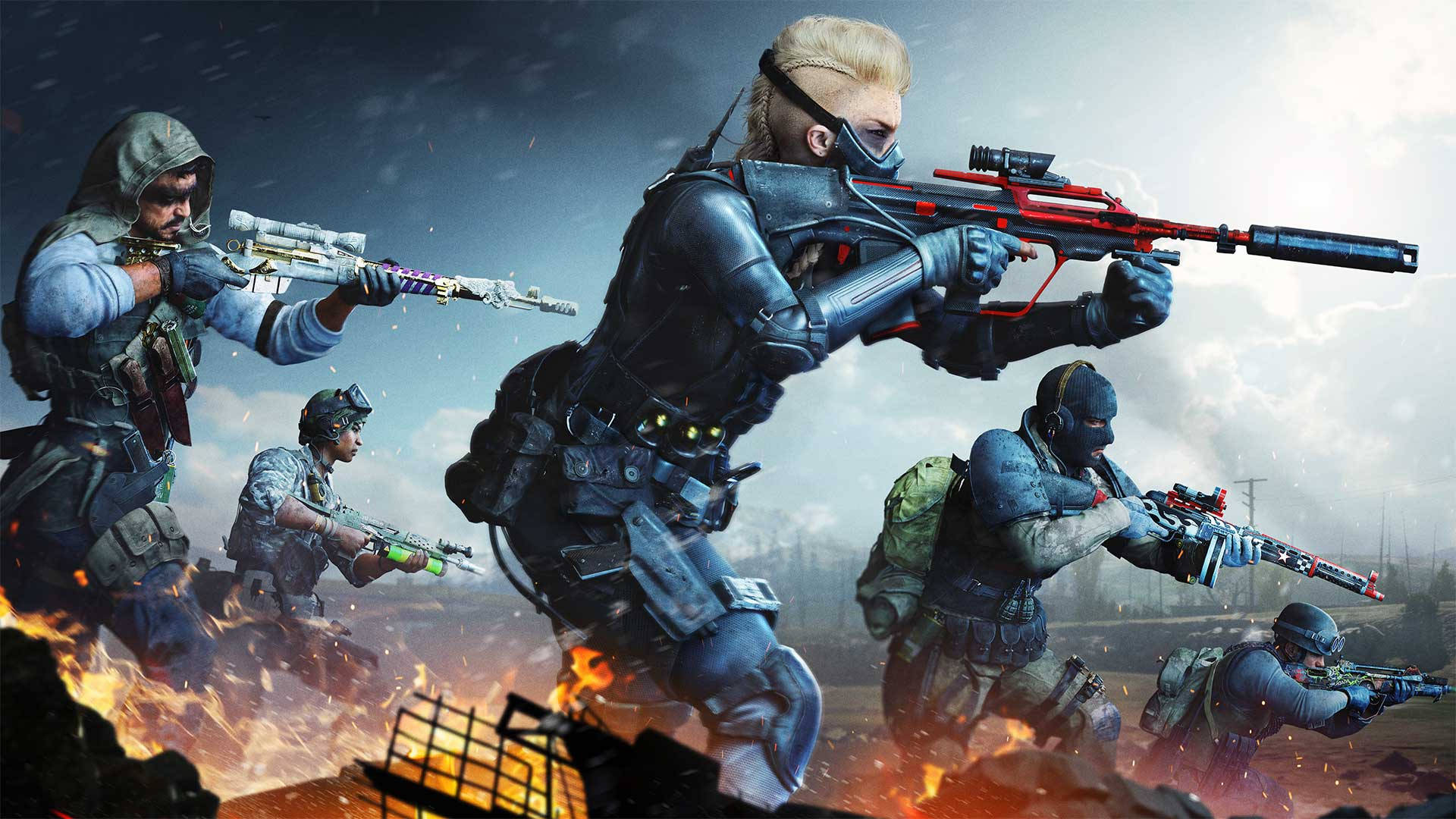 Warzone 桌布 壁紙 — 五名身穿戰術裝備的士兵在戰火摧殘的城市戰場中，於熾熱爆炸中開火。