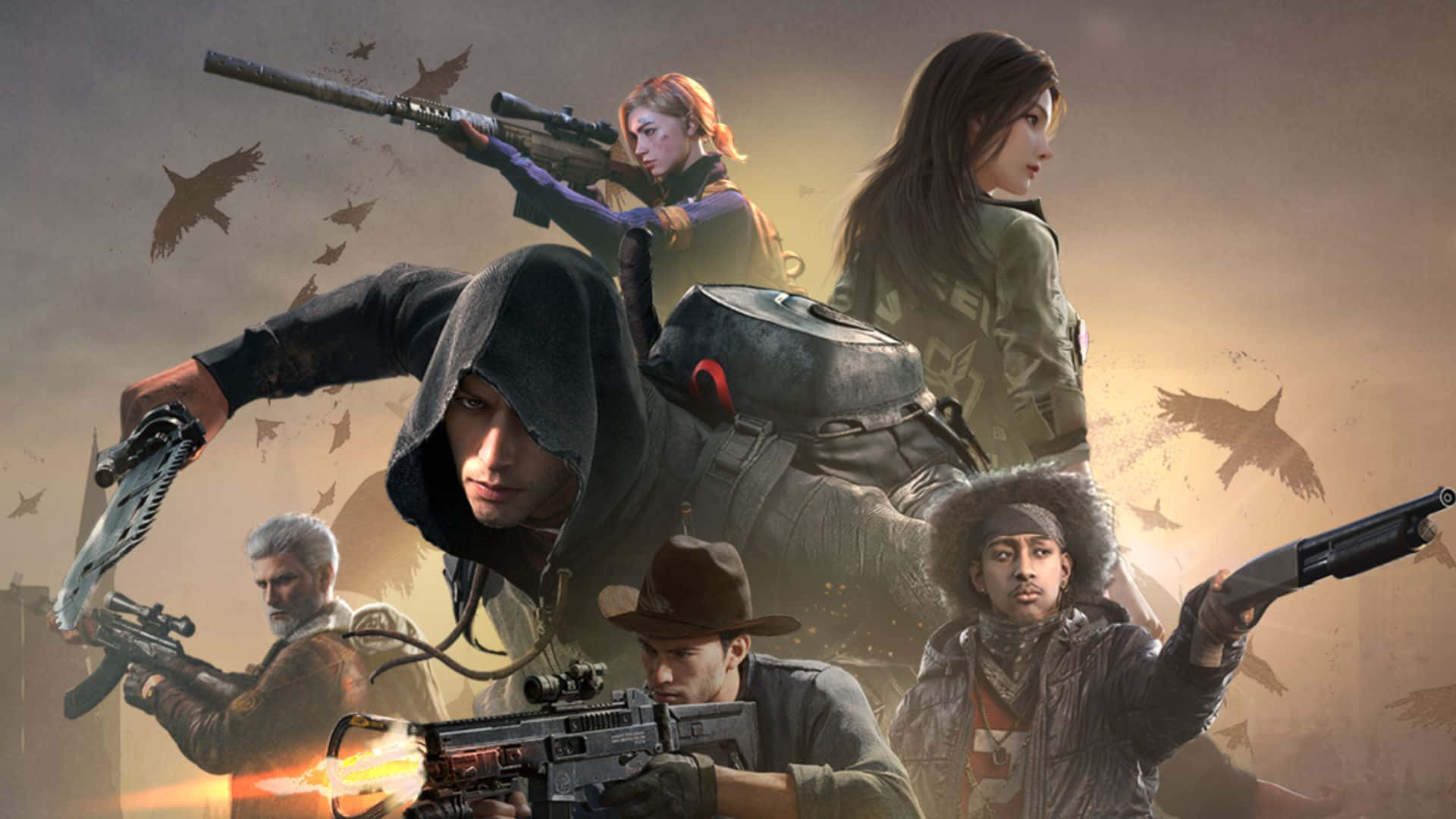 Game Trailers 桌布 壁紙 — 五名身穿戰術裝備的武裝倖存者，在鳥兒飛過頭頂的朦朧天空下準備就緒。