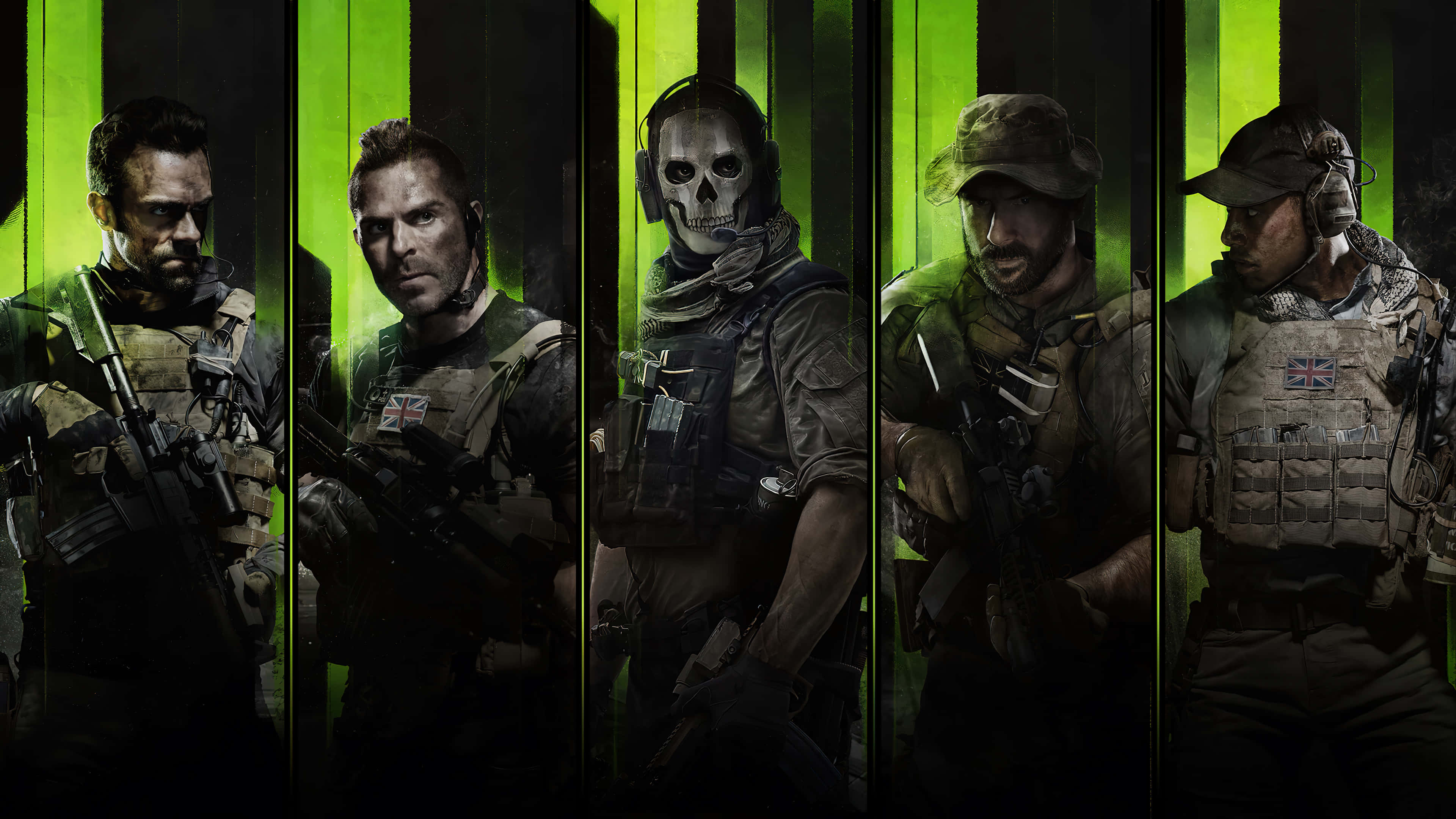 Fps 桌布 壁紙 — 五名身穿戰術裝備的武裝士兵站在黑暗的垂直綠色發光面板中，其中一人戴著骷髏面具，散發出強烈的戰鬥準備狀態。