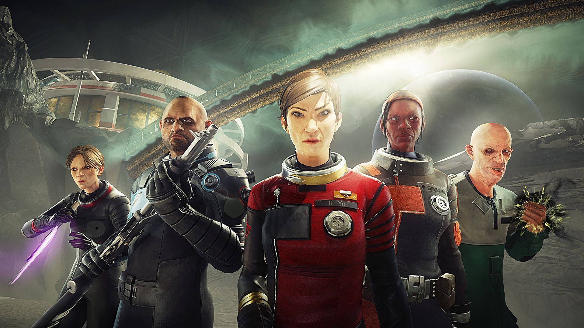 Prey 桌布 壁紙 — 五名身穿未來裝甲的不同太空船員站在岩石外星行星上，背景是一顆發光的行星。