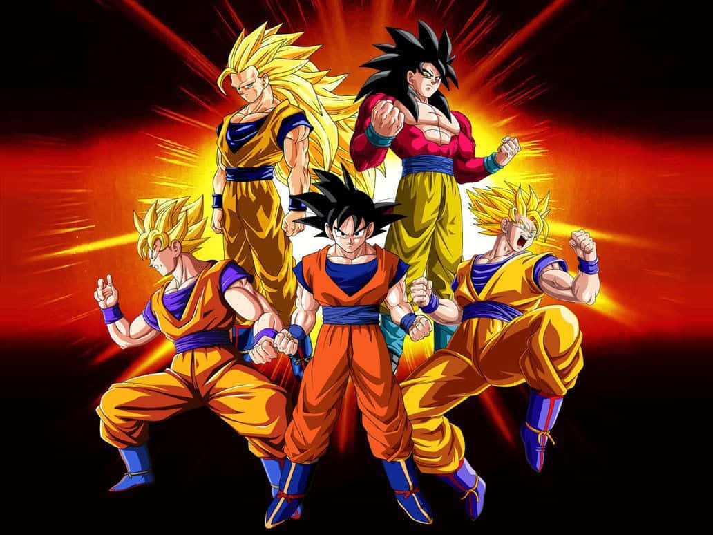 Goku Ssj4 桌布 壁紙 — 五名身穿橙色和藍色戰鬥裝備的賽亞人戰士，在熾熱的紅黃爆炸背景前動態站立。