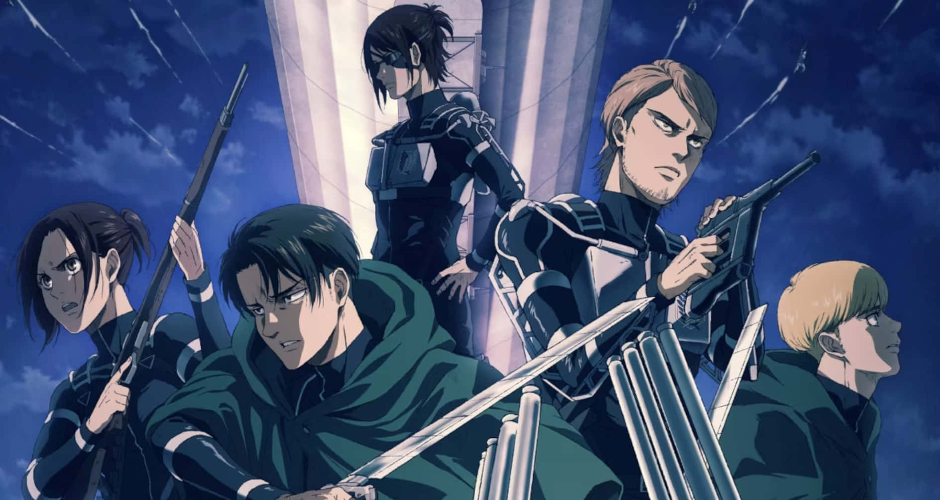 Attack On Titan The Final Season 桌布 壁紙 — 五名身穿深色制服、意志堅定的動畫士兵，在暴風雨的夜空下，手持步槍和劍準備就緒。