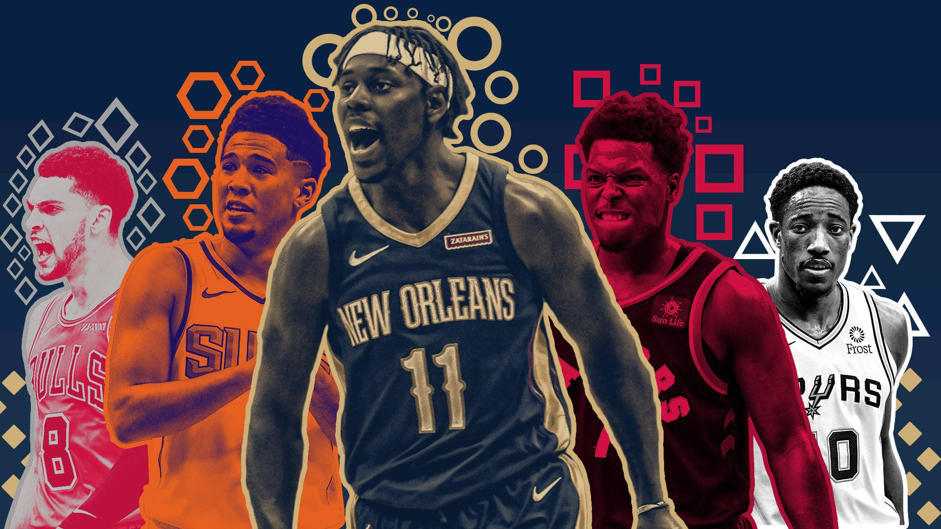 Jrue Holiday 桌布 壁紙 — 五名身穿球隊球衣的籃球運動員站在深藍色背景前，背景有色彩繽紛的幾何圖案。