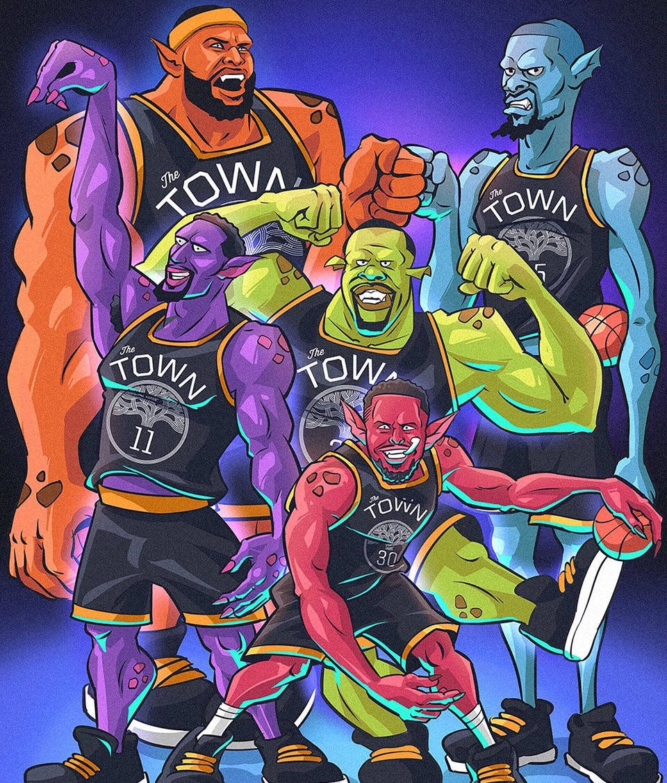Space Jam 2 桌布 壁紙 — 五名身穿發光球衣的奇幻籃球運動員在深紫色背景前動態擺姿勢。