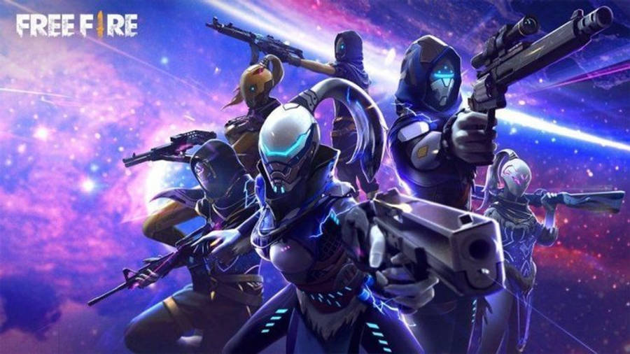 free fire banner 桌布 壁紙 — 五名身穿發光盔甲的未來戰士，在充滿活力的宇宙星雲背景下瞄準武器。