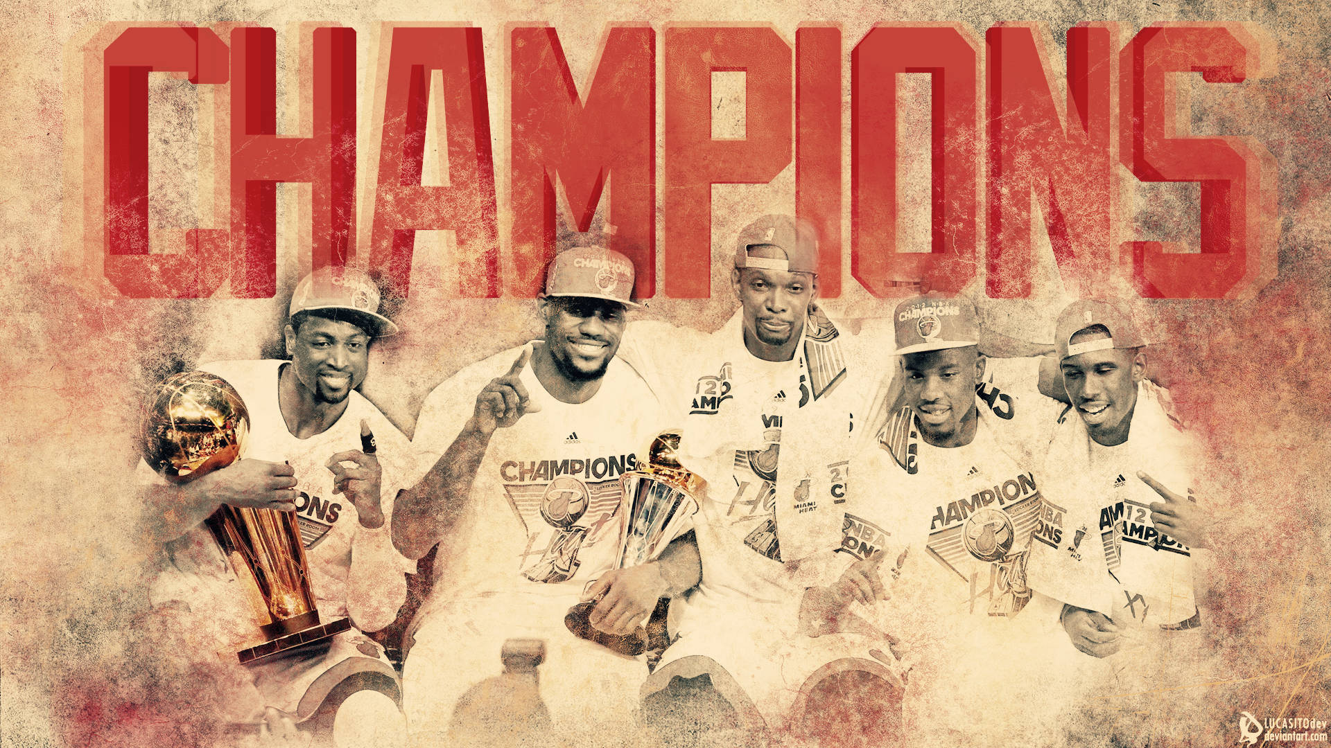 五名籃球運動員手持冠軍獎盃慶祝，並帶有 'CHAMPIONS' 文字。