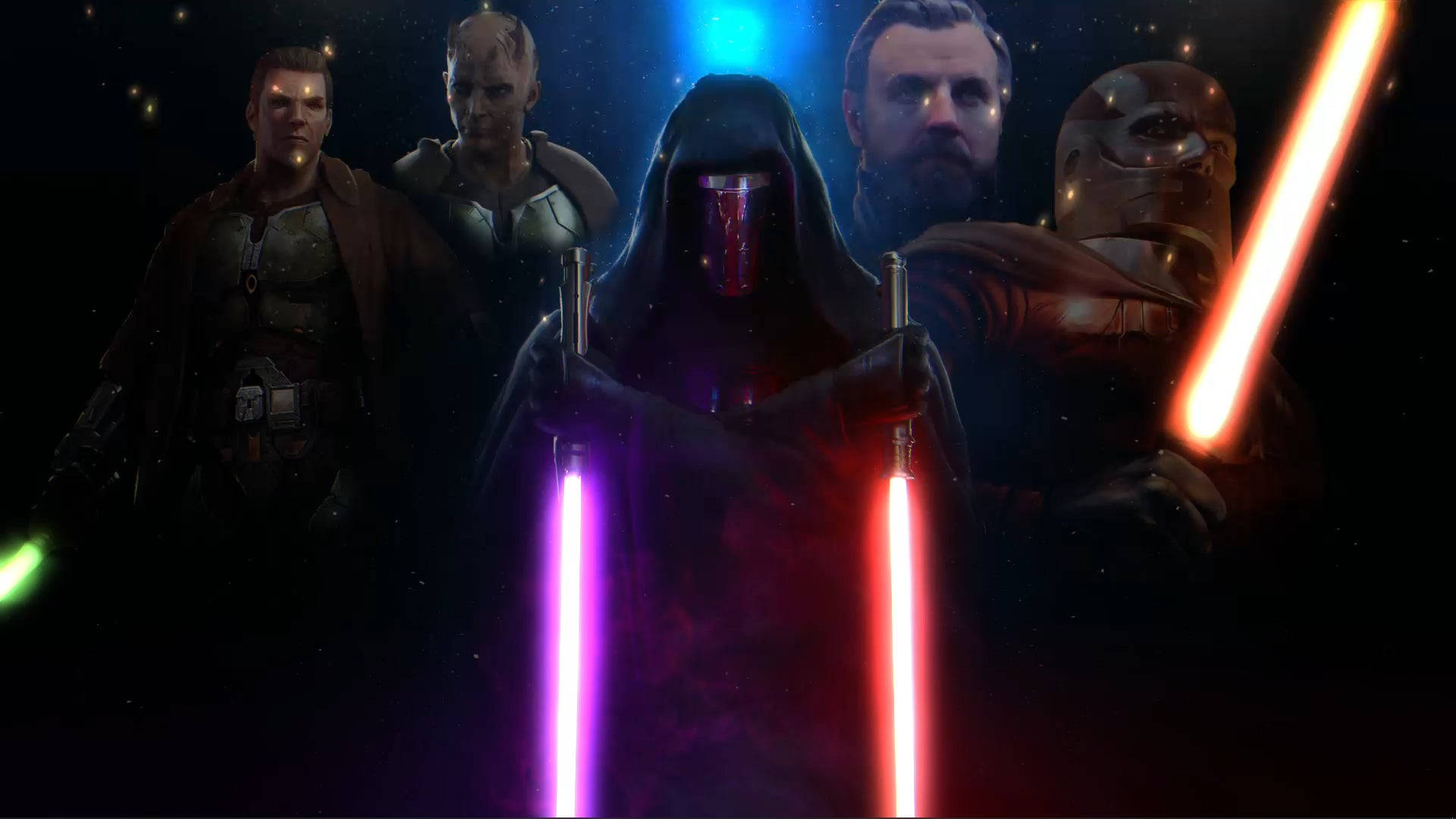 Revan 桌布 壁紙 — 五名身穿盔甲的戰士手持發光光劍，站在黑暗的星空中，一名披風人物手持雙紫色劍刃。