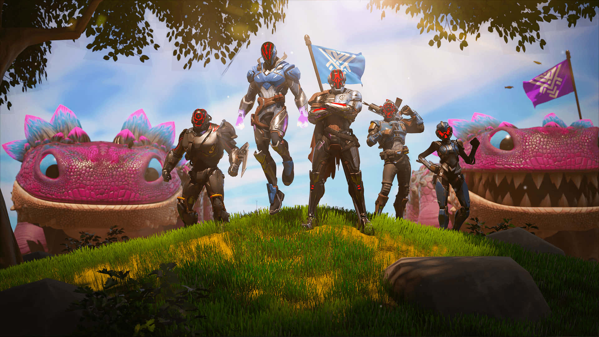 Fortnite 桌布 壁紙 — 五名身穿盔甲的戰士站在長滿草的山丘上，兩側有巨大的粉紅色龍形生物，天空明亮。