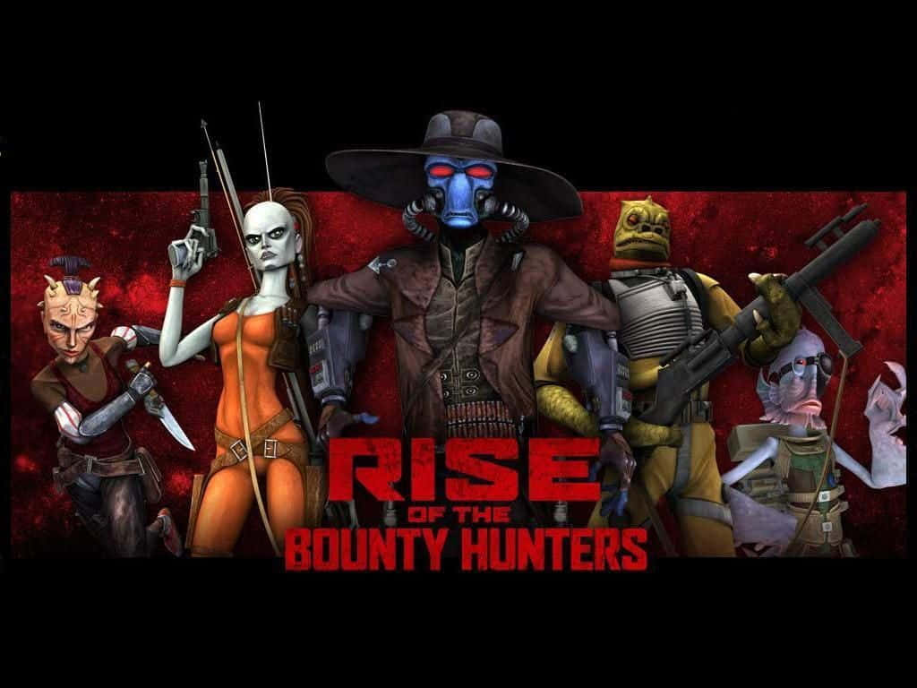 Bounty Hunters 桌布 壁紙 — 五名身穿科幻盔甲和面具的賞金獵人，在血紅色紋理背景和粗體紅色標題文字前挑釁地站立。