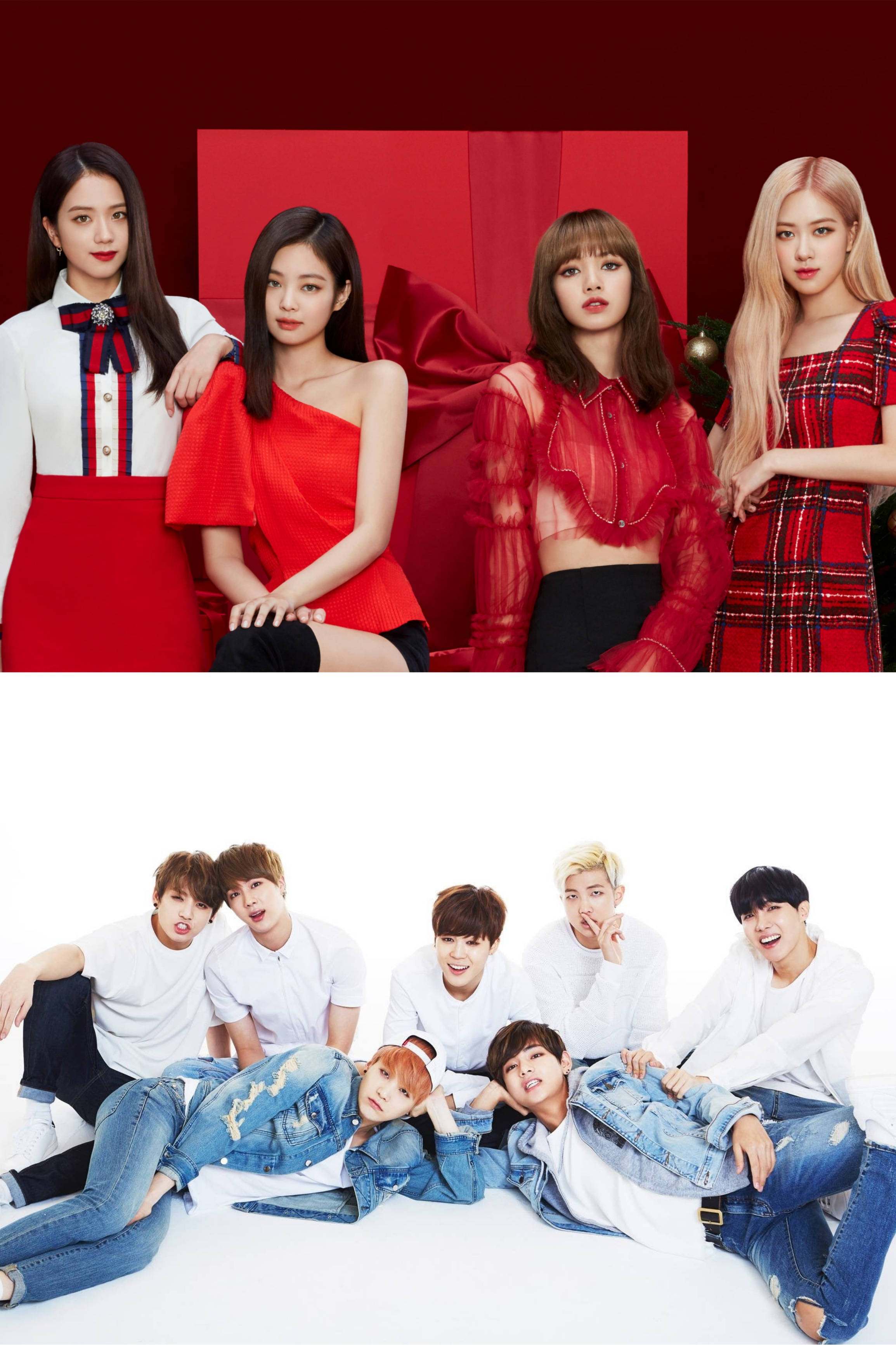 BTS 和 BLACKPINK 桌布 壁紙 — 五名身穿紅色服裝的女性在鮮明的紅色背景前擺姿勢，而七名身穿白色T恤和牛仔褲的男性則躺在白色地板上。