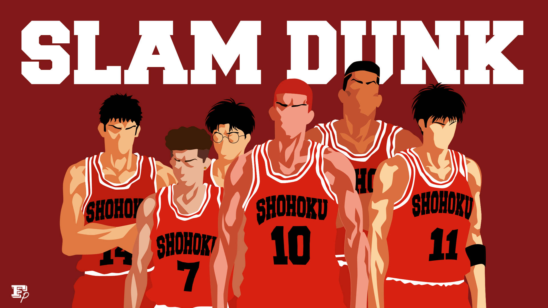 Slam 桌布 壁紙 — 五名身穿紅色球衣的湘北籃球員自信地站在純紅色背景前，上方有「SLAM DUNK」文字。