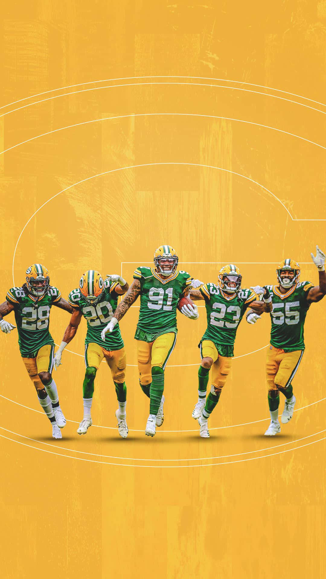 Packers 桌布 壁紙 — 五名身穿綠色和金色球衣的綠灣包裝工美式足球員，在帶有白色圓形線條的紋理黃色背景上動態衝刺。