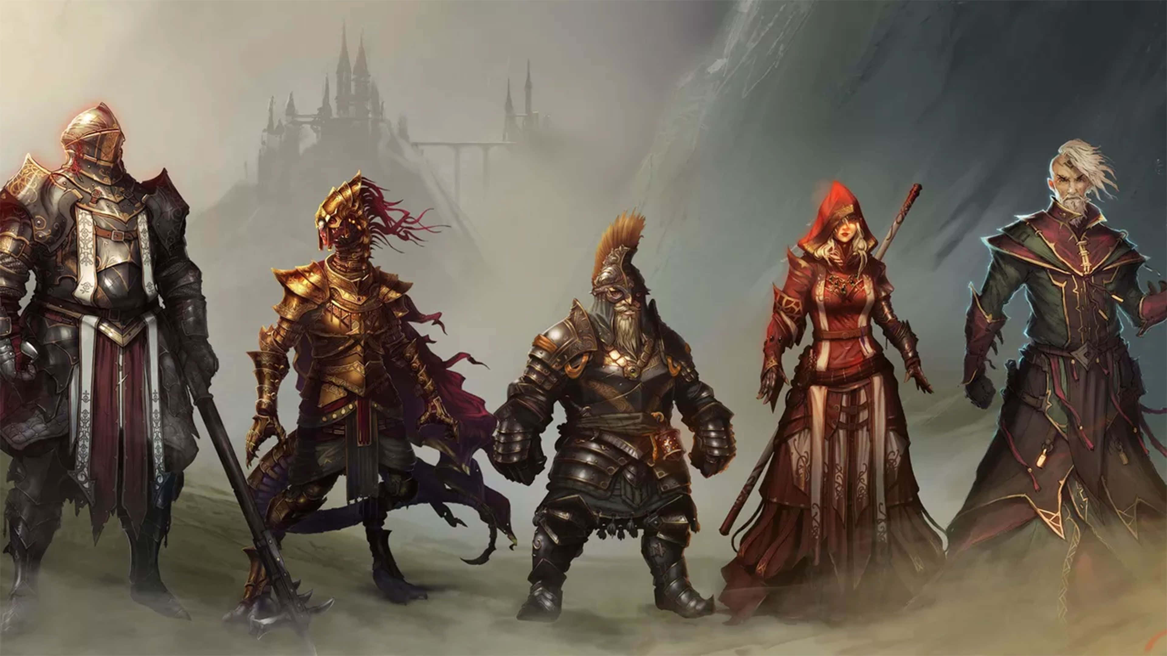 Rpg Games 桌布 壁紙 — 五名身穿華麗盔甲的奇幻戰士，在暴風雨戰場上站在霧氣籠罩的城堡前。