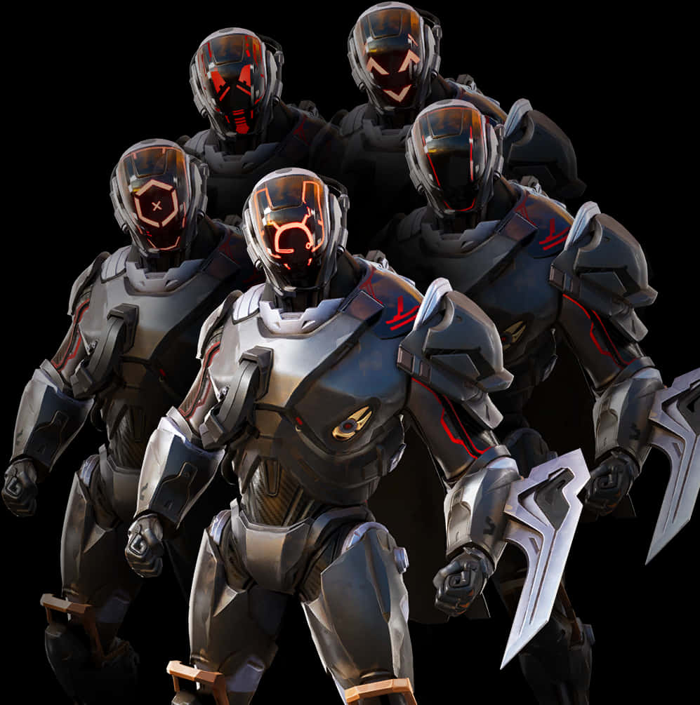 Fortnite Character 桌布 壁紙 — 五名身穿裝甲、戴著發光紅色面罩的未來戰士，在黑色背景下以威脅性的陣型站立。