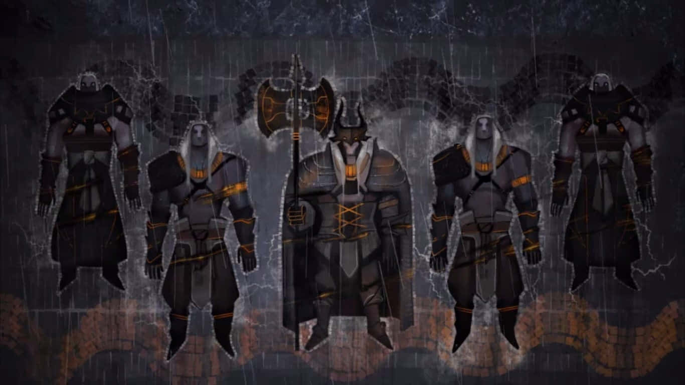 1366x768 Dragon Age Inquisition 桌布 壁紙 — 五名身穿裝甲的戰士帶有發光的橙色點綴，站在黑暗的雨景中，中央人物手持一把巨大的斧頭。