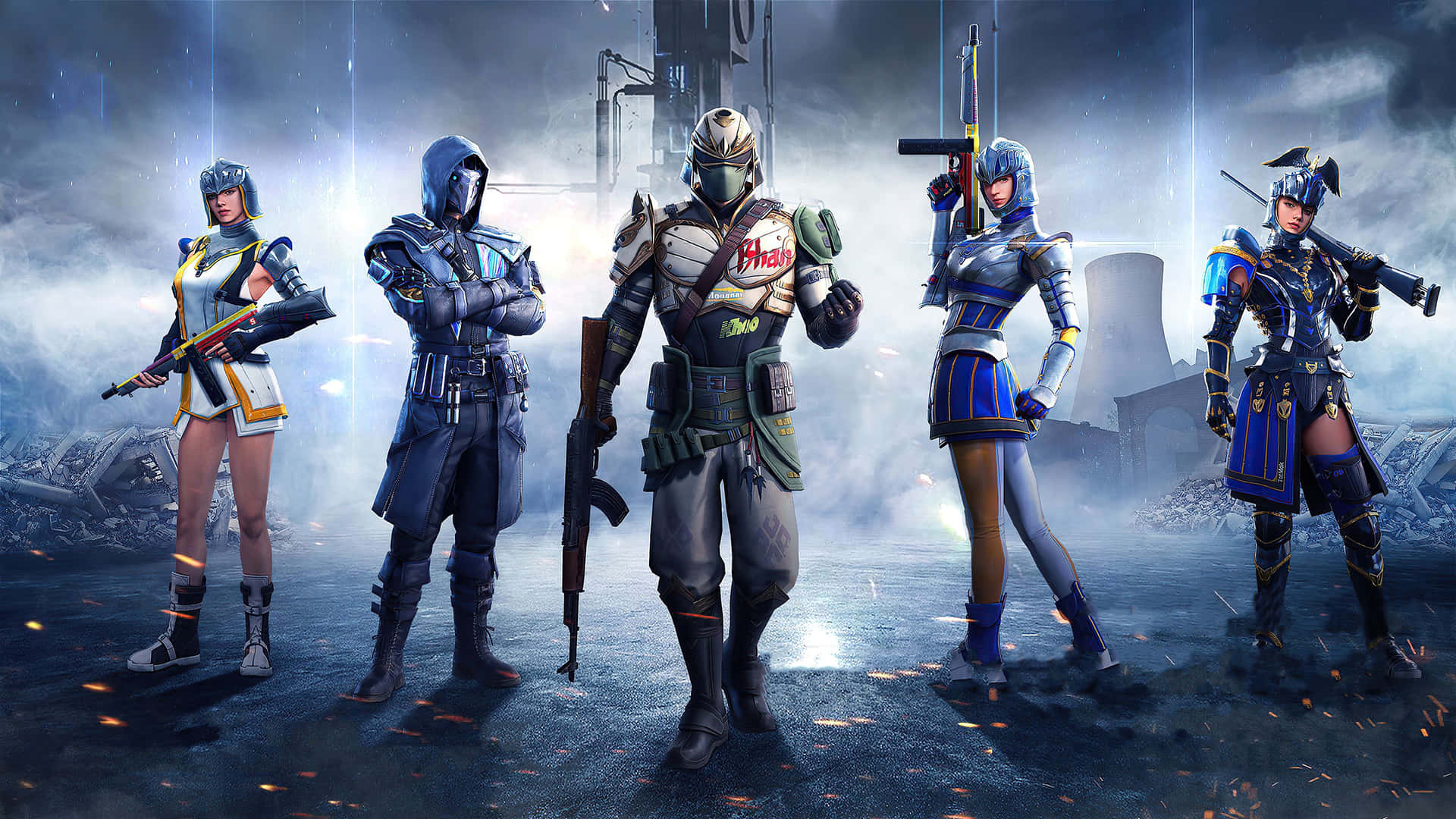 pubg mobile 桌布 壁紙 — 五名身穿裝甲的未來戰士站在風暴天空下、已成廢墟的城市戰場上，發光的餘燼正在飄落。