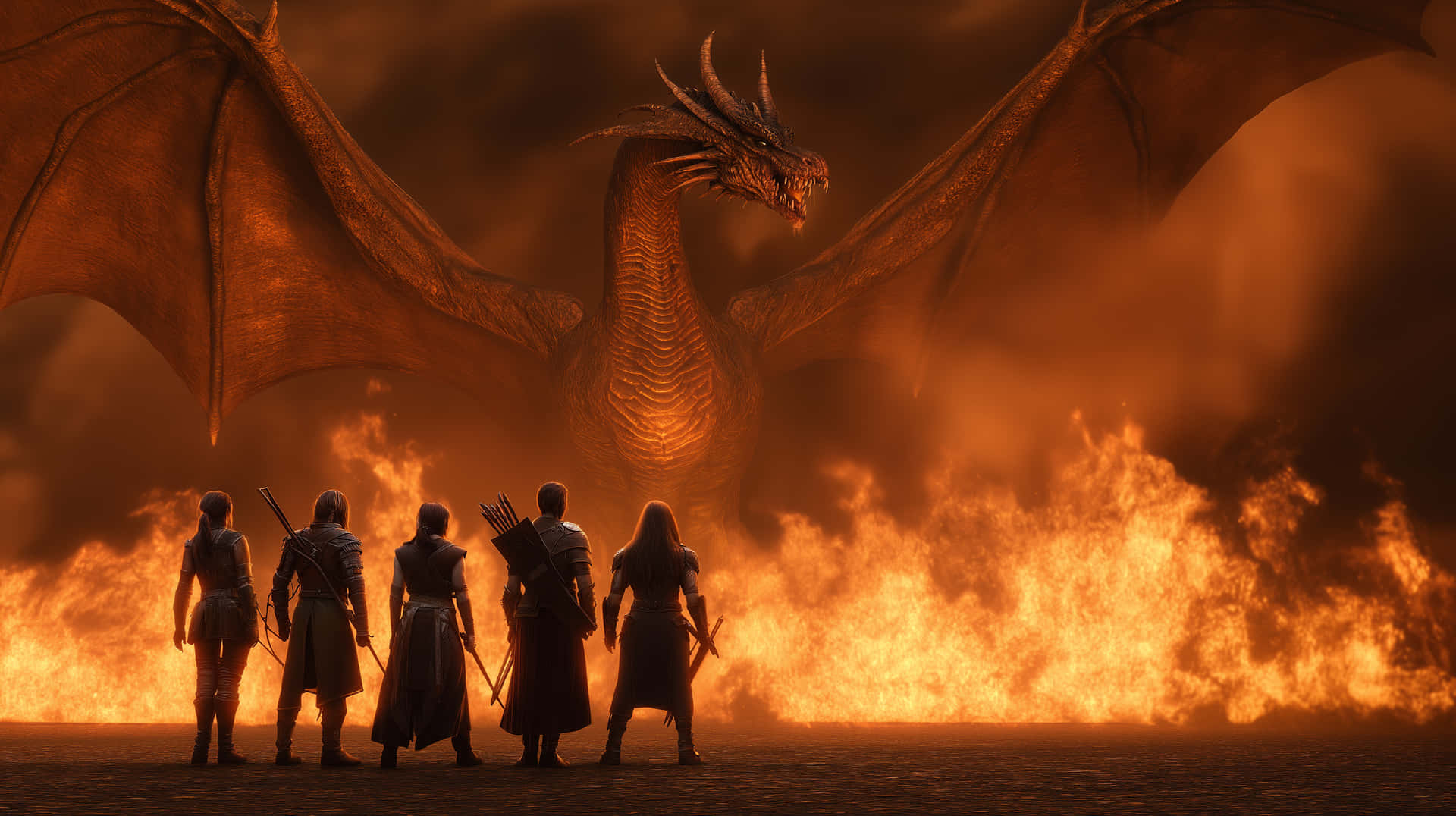 Heroic Party Confronts Fiery Dragon in Epic Fantasy 壁紙 — 五名身穿鎧甲的戰士背靠背站立，面對一隻在燃燒景觀上展開翅膀的巨大火焰龍。