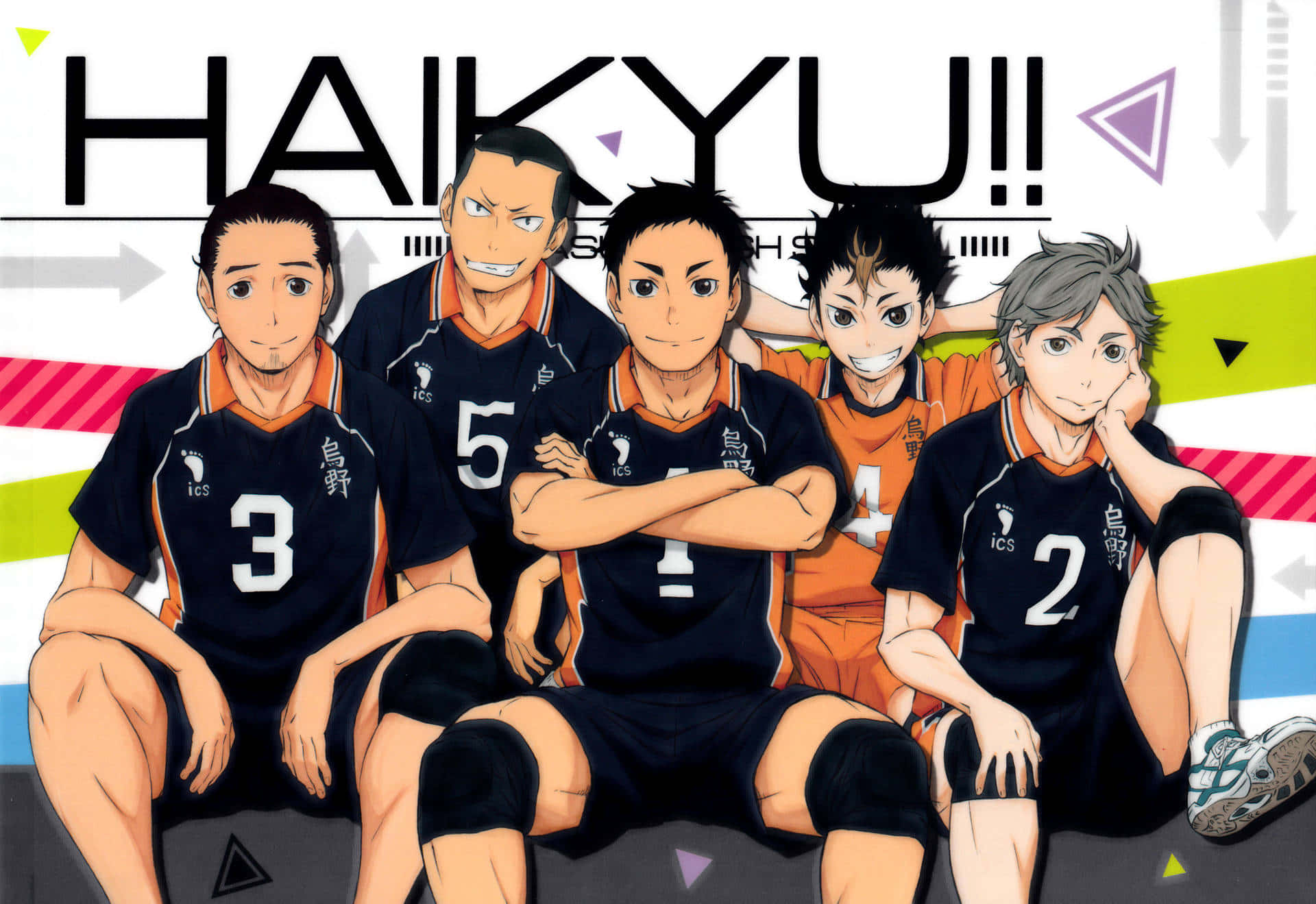 Haikyuu Captains 桌布 壁紙 — 五名身穿隊服的動漫排球運動員在色彩繽紛的幾何背景前自信地擺姿勢，標題為Haikyuu!!。
