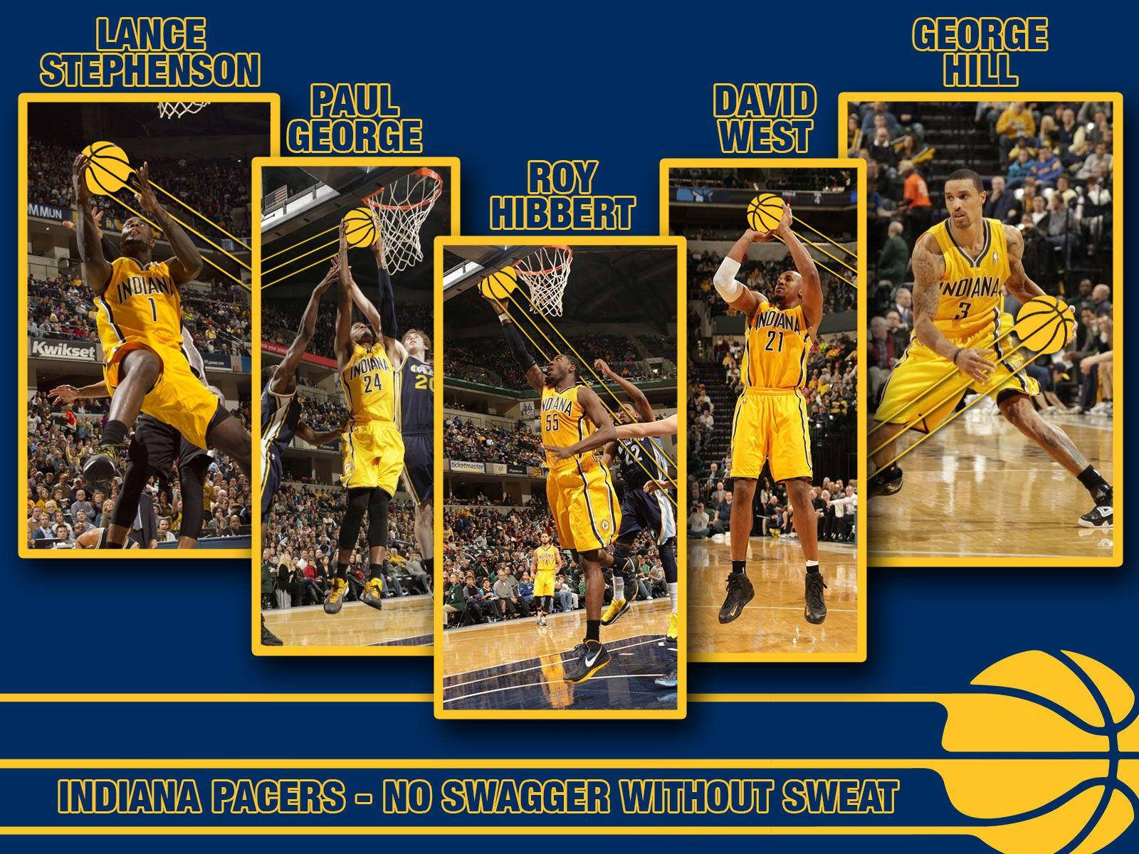 Pacers 桌布 壁紙 — 五名身穿黃色球衣的印第安納溜馬籃球運動員在藍色背景下於激烈比賽時刻中被捕捉到動作中。