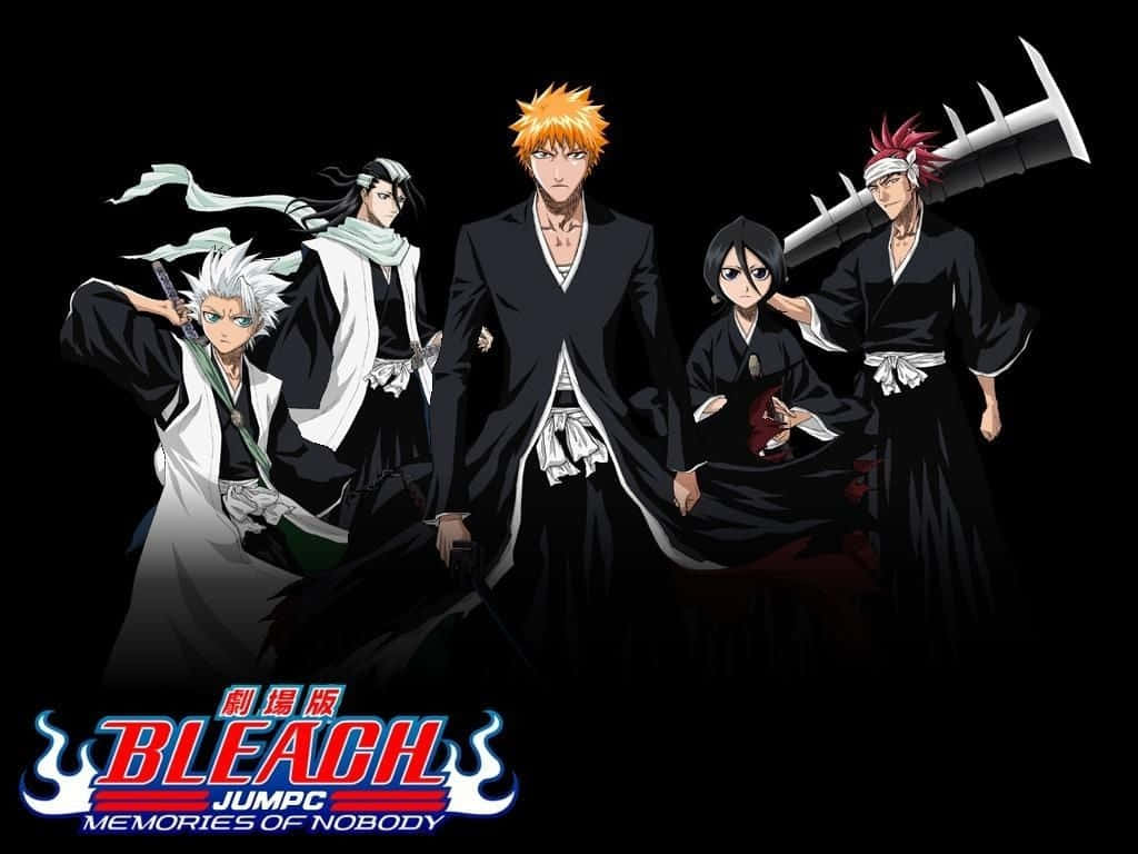Bleach Anime 桌布 壁紙 — 五名身穿黑白長袍的動漫戰士在黑暗背景下持劍而立。