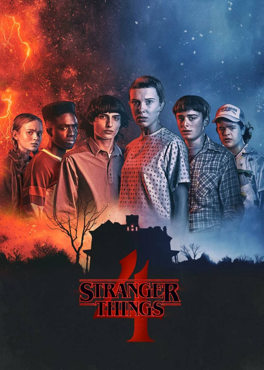 Stranger Things 4 桌布 壁紙 — 五名青少年莊嚴地站在分裂的天空前，一邊是火橙色的閃電，另一邊是繁星點點的藍色夜晚，下方是鬼屋的剪影。