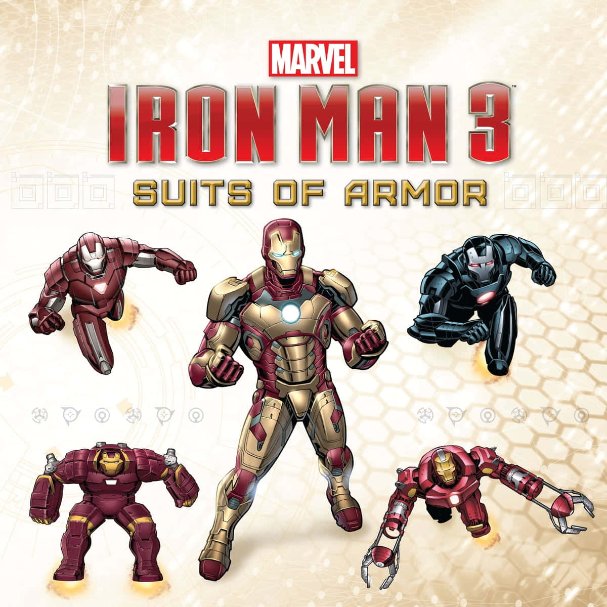 藝術 桌布 壁紙 — 五套來自Marvel's Iron Man 3的鋼鐵人裝甲在發光的六邊形背景上動態漂浮。
