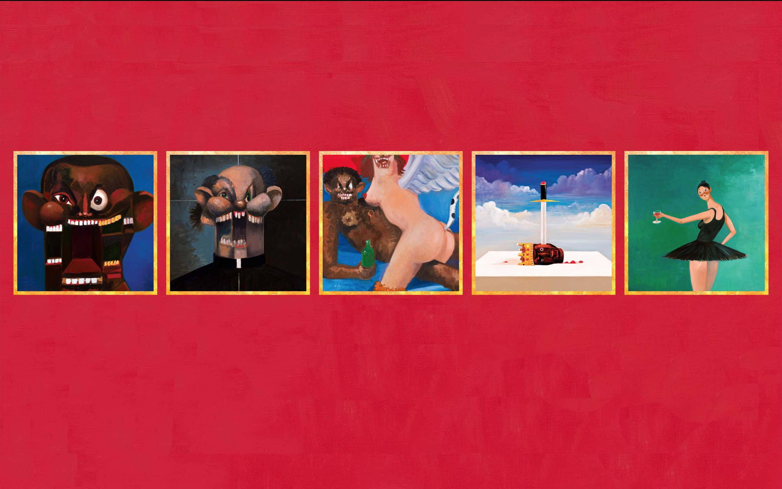 My Beautiful Dark Twisted Fantasy 桌布 壁紙 — 五幅超現實主義框畫掛在鮮豔的紅牆上，描繪了怪誕的面孔、可怕的生物、有翼的人物、刺穿蛋糕的劍和一位芭蕾舞者。
