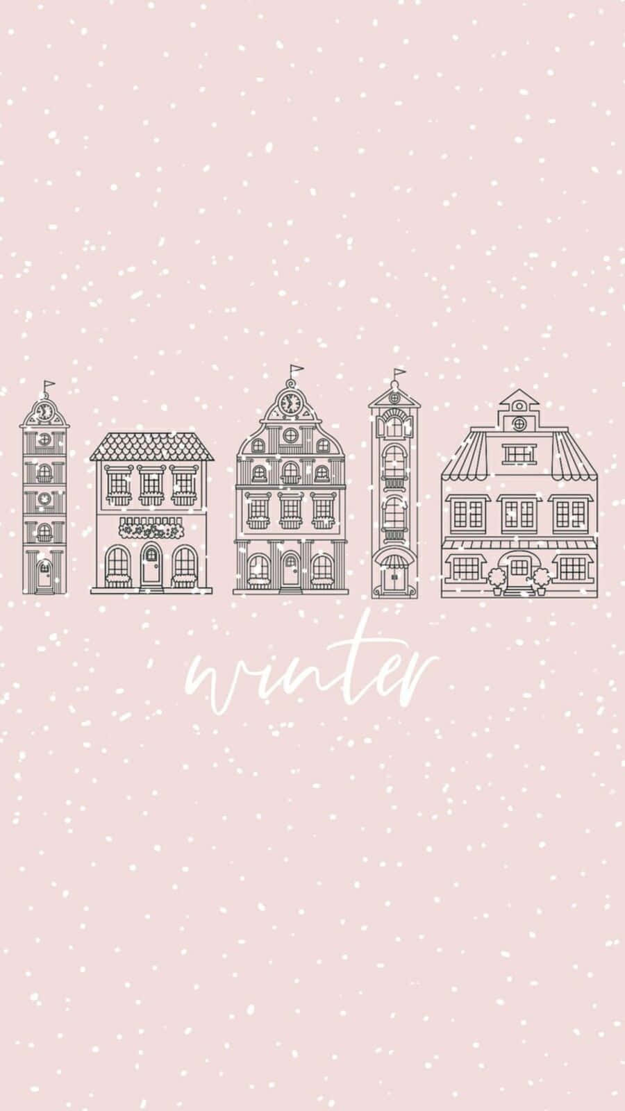Cute Winter Aesthetic 桌布 壁紙 — 五座精緻的線條藝術建築矗立在柔和的粉紅色背景上，背景點綴著白色的雪花和草書的「冬天」一詞。