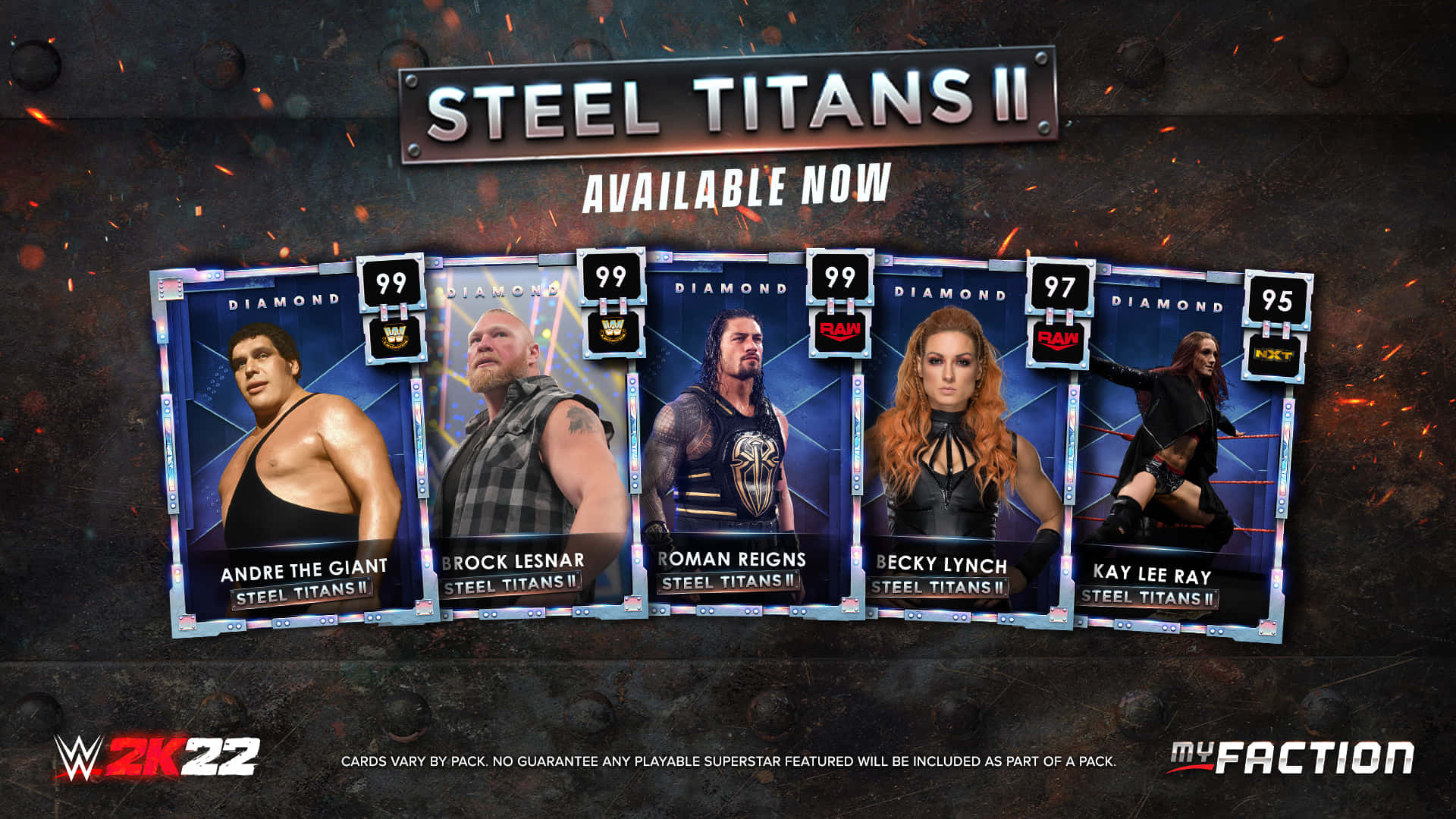 card 桌布 壁紙 — 五張來自 Steel Titans II 的 WWE 摔角手交換卡，展示在火花四濺的火焰金屬牆上。