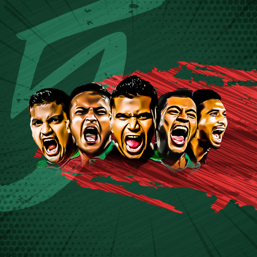 Bangladesh Cricket 桌布 壁紙 — 五張強烈的男性面孔在鮮明的綠色和紅色抽象背景及動態筆觸中齊聲尖叫。
