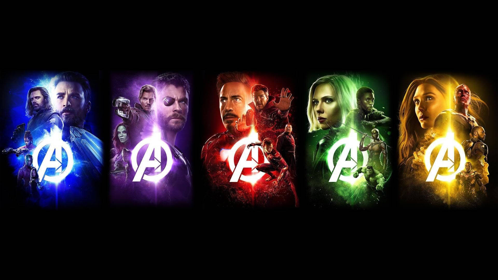 infinity 桌布 壁紙 — 五張復仇者聯盟電影海報在黑色背景上散發出鮮豔的彩色光芒。