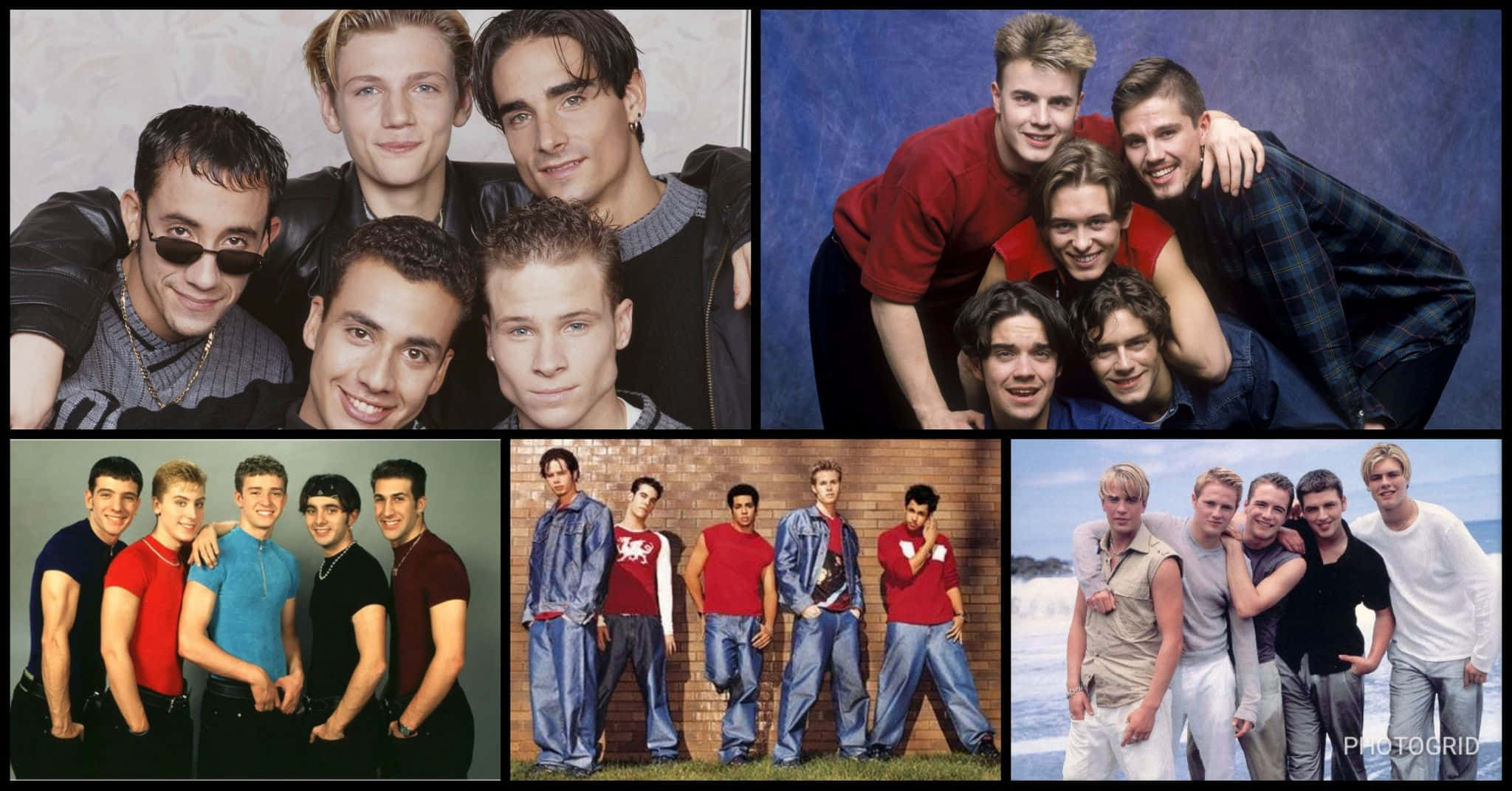 band 桌布 壁紙 — 五張照片的拼貼，展示男孩樂團 Backstreet Boys 在早期職業生涯中的各種姿勢和服裝。