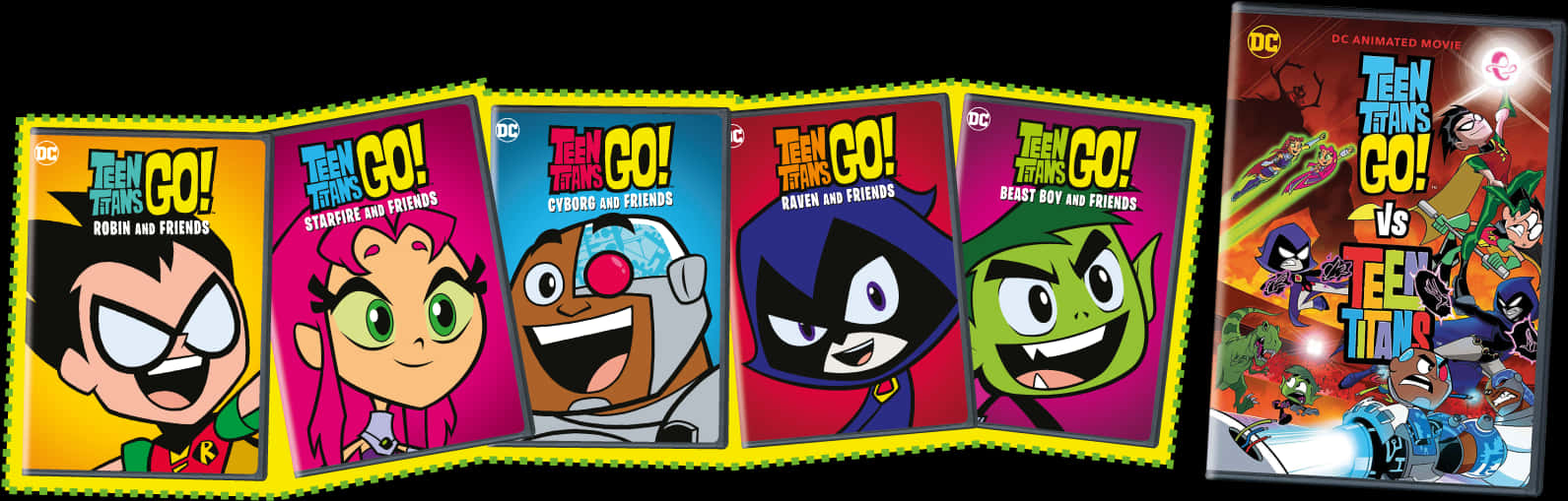 Teen Titans Go Raven 桌布 壁紙 — 五張色彩繽紛的 Teen Titans Go! 角色海報以扇形展開，右側有一張電影海報。