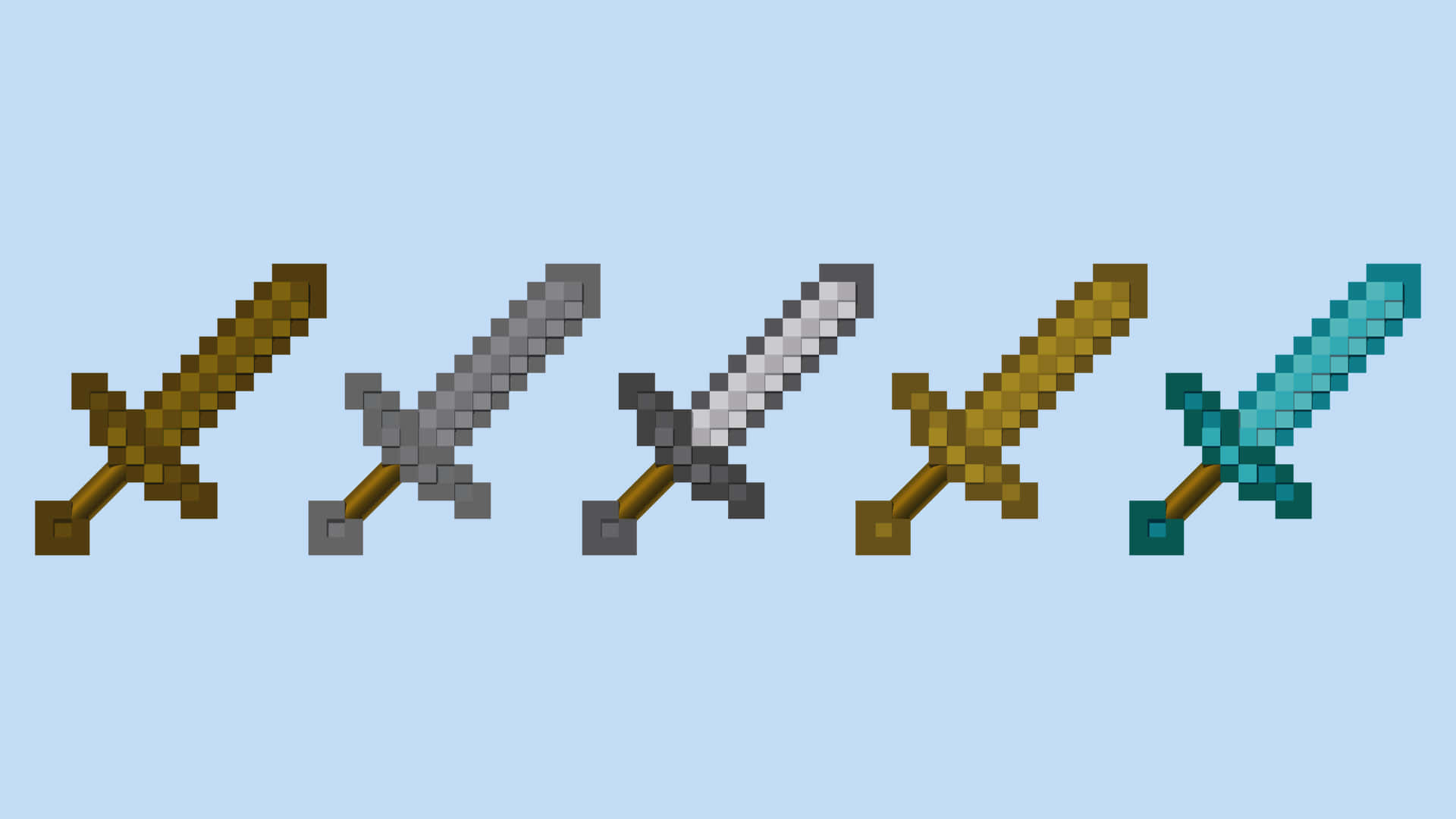 Minecraft Weapons 桌布 壁紙 — 五把像素化劍，分別為金、鐵、鑽石和綠寶石變體，水平排列在淺藍色背景上。